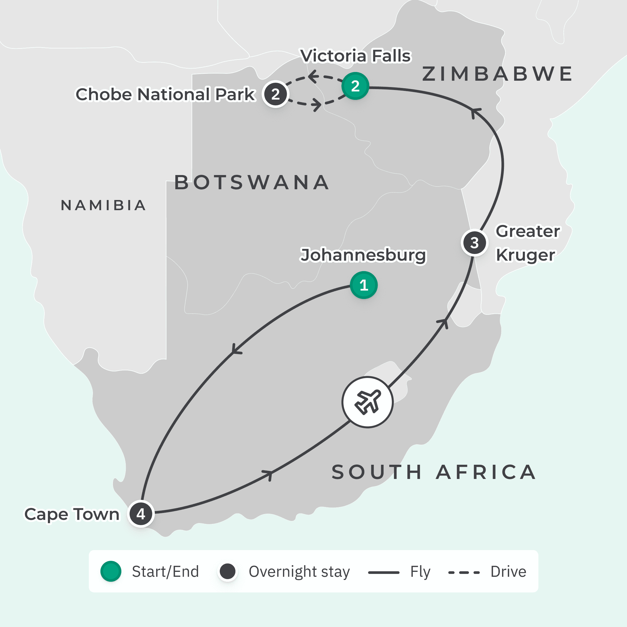 Deluxe 13-Day Southern Africa Safari 2027 with Victoria Falls, Greater Kruger & Chobe National Parks route map