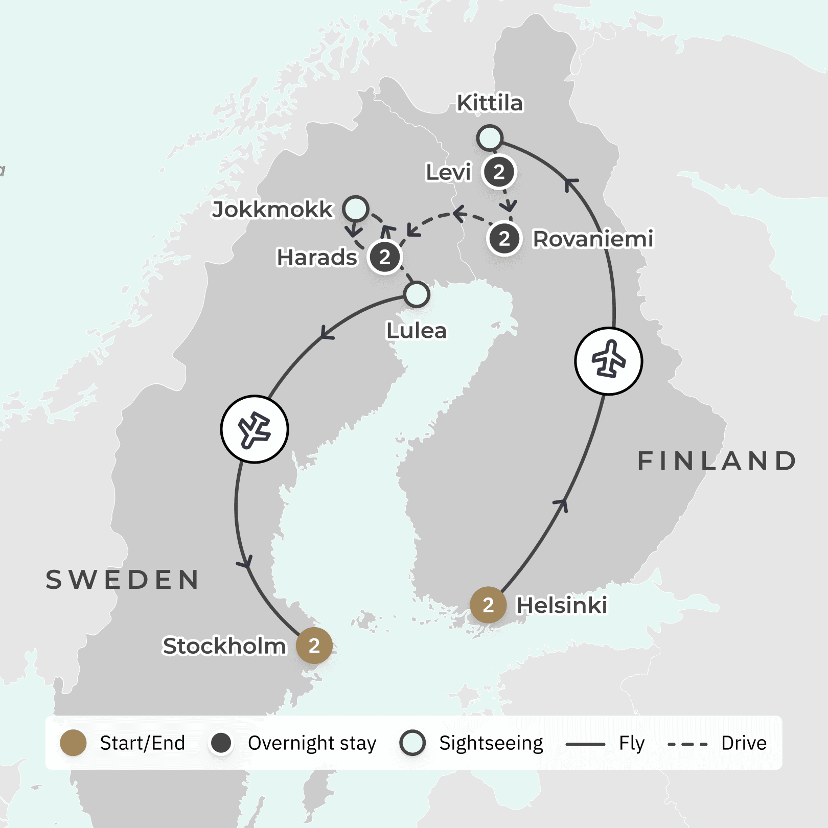 Scandinavia Ultra-Lux Winter Adventure Tour with Aurora Glass Cabin Stay, Husky Safari & Northern Lights Excursions route map