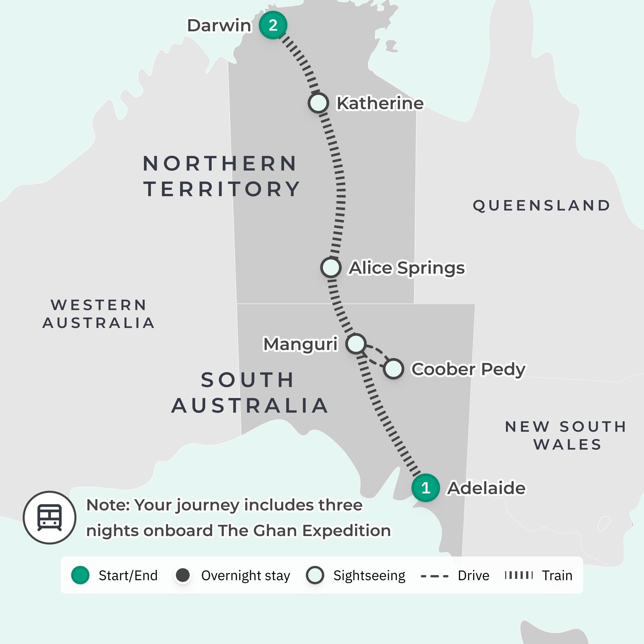 Limited Time Offer: The Ghan Expedition 4-Day Rail Journey from Darwin to Adelaide with BONUS Two-Night Darwin Stay & Sunset Cruise route map