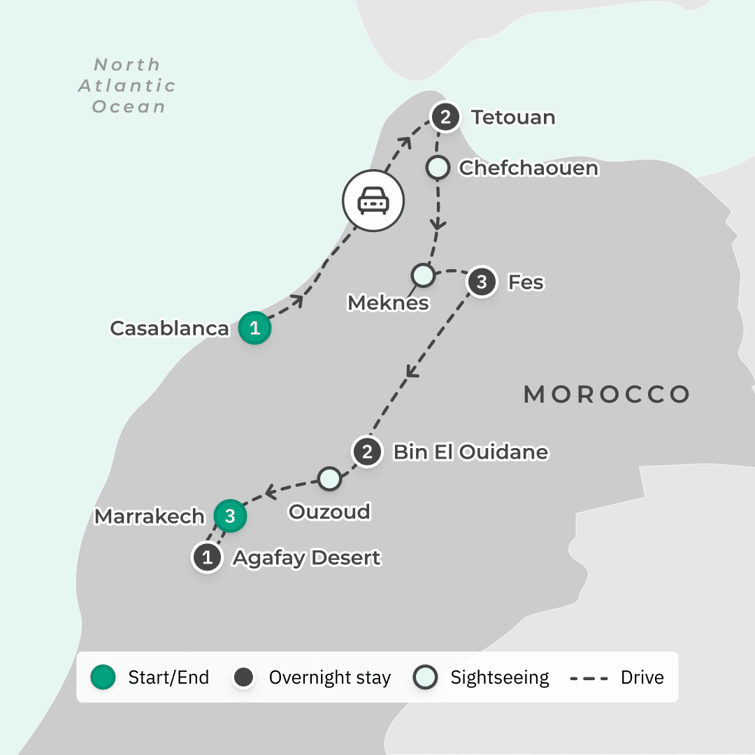 Limited Time Offer: Premium 13-Day Flavours of Morocco Tour with BONUS Agafay Desert Glamping route map