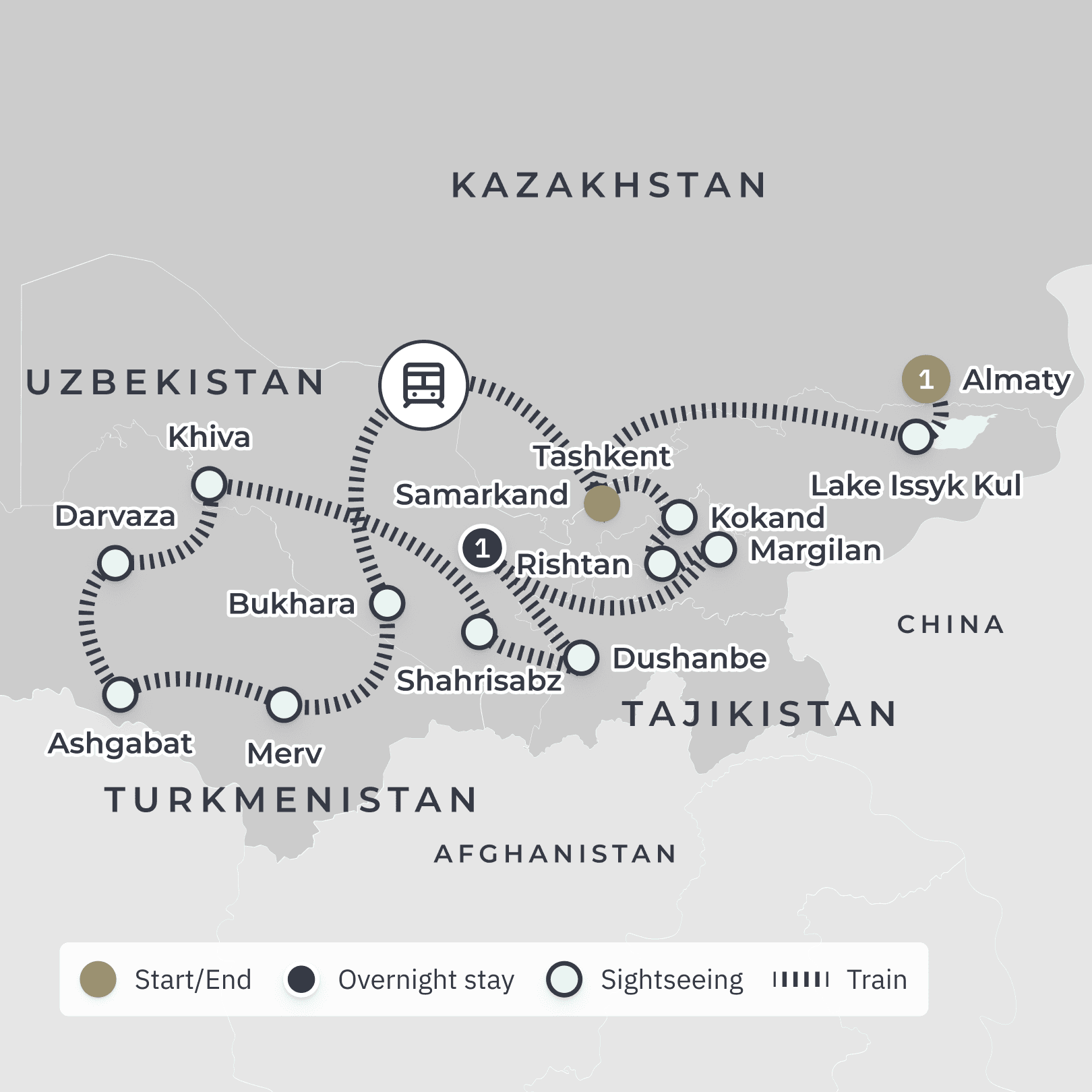 Republics of the Silk Road All-Inclusive Central Asia Ultra Lux Golden Eagle Rail Journey with Caviar Gala route map