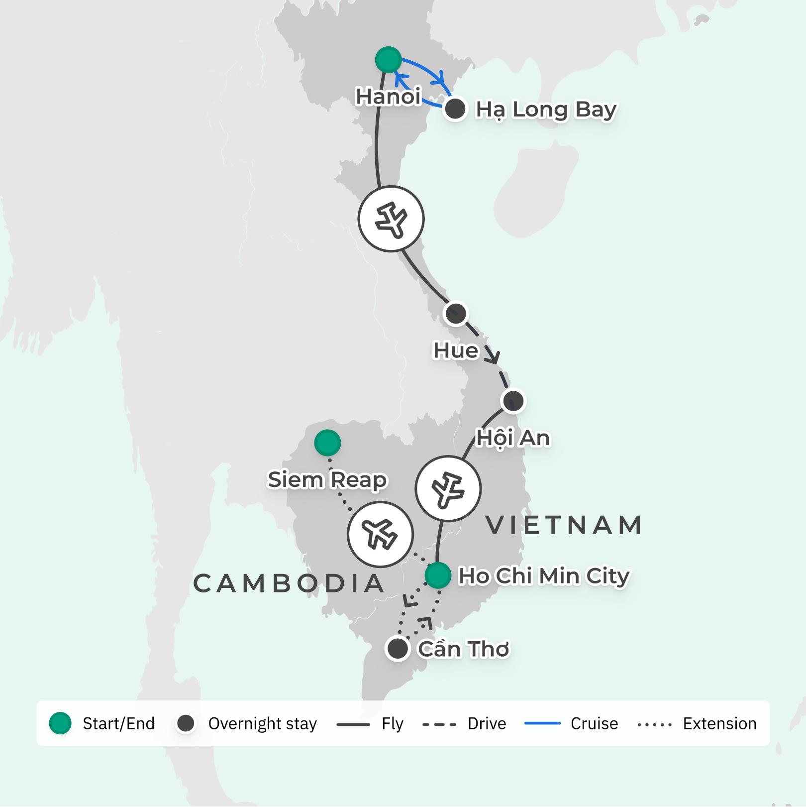 Vietnam: 12-Day Luxury Small-Group Tour from Hanoi to Ho Chi Minh City with Ha Long Bay Cruise route map