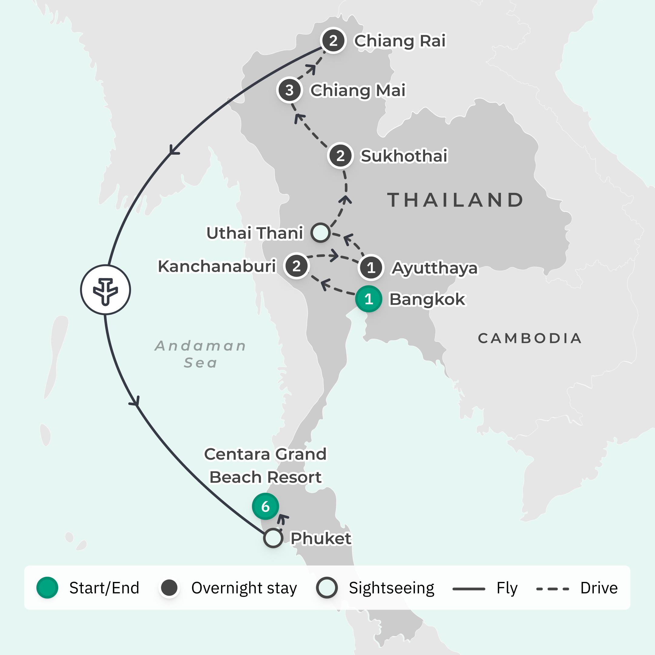 Limited Time Offer: 12-Day Best of Northern Thailand Tour with 6-Night Centara Grand Phuket Stay route map
