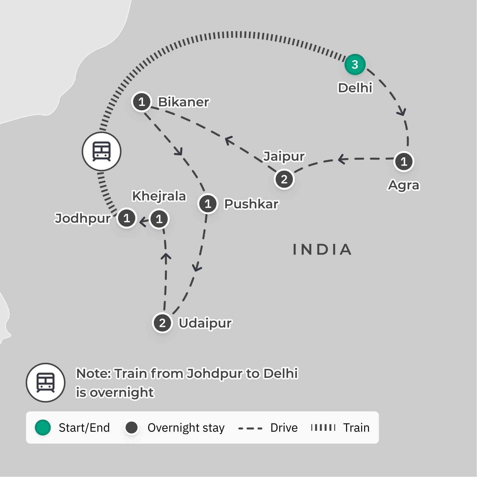 Colours of Rajasthan Tour with Handpicked Accommodation, Taj Mahal Visit, Lake Cruise, Delhi Tour & Fort Khejarla Stay route map