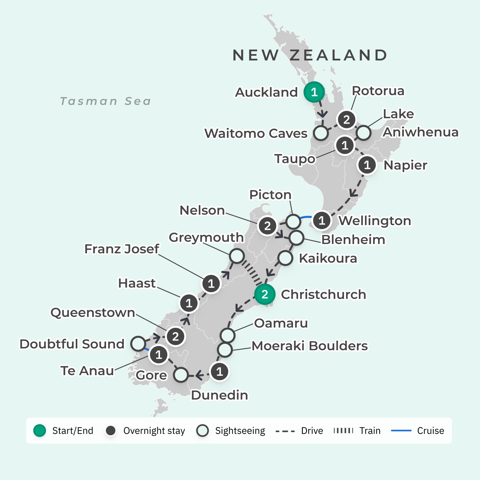 Ultimate 17-Day New Zealand with TranzAlpine Train & Doubtful Sound Cruise route map