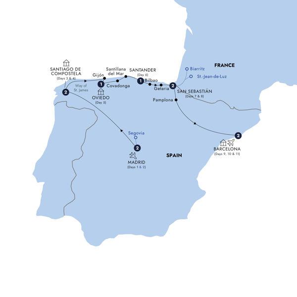 Northern Spain end Barcelona route map