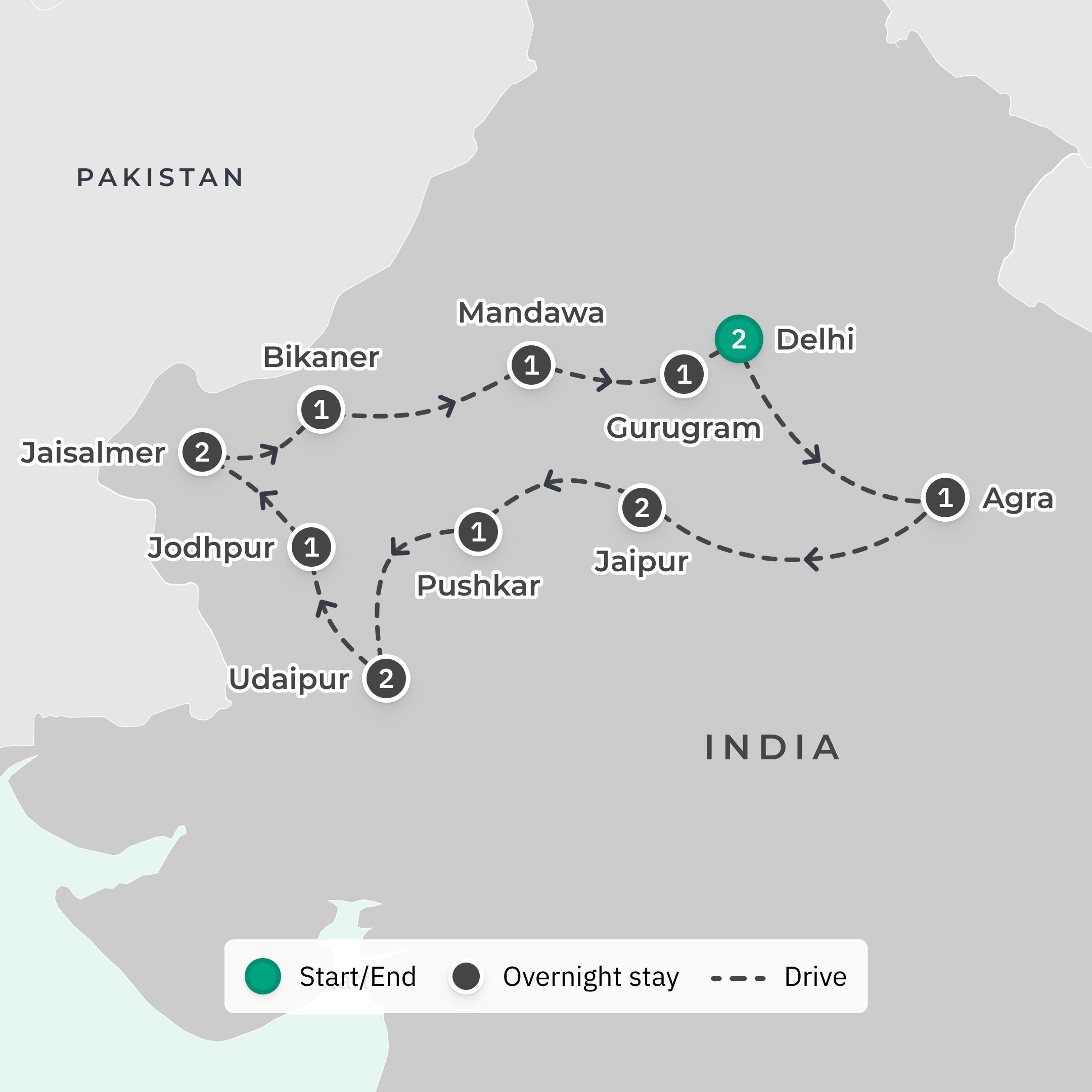 Premium 15-Day Royal Rajasthan Tour with Taj Mahal, Amber Fort & Jaisalmer Desert Safari route map