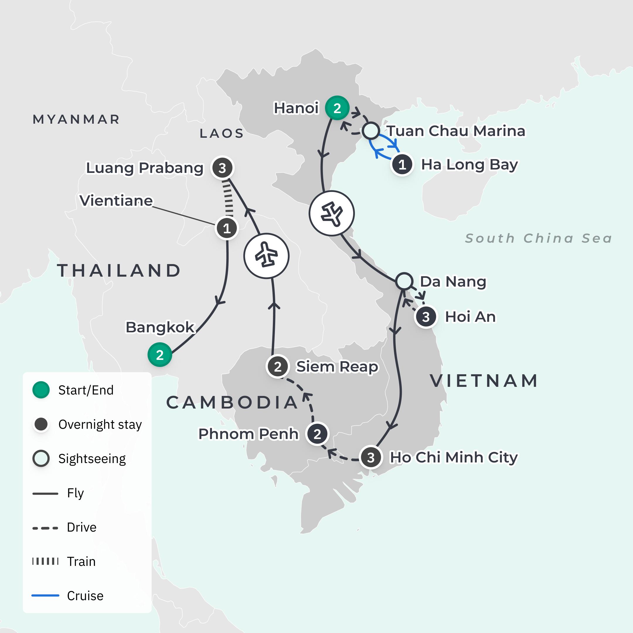 Deluxe 20-Day Vietnam, Cambodia, Laos & Thailand Discovery 2027 with Ha Long Bay, Siem Reap, Luang Prabang & Bangkok route map