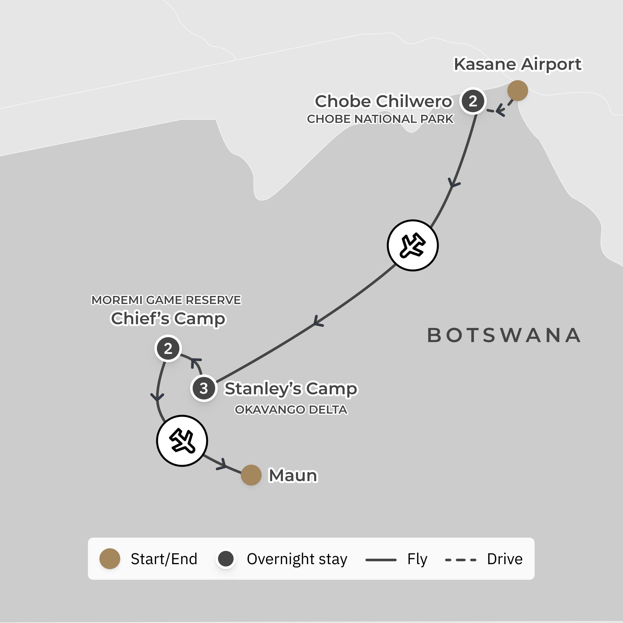 Ultra Lux 8-Day Botswana 2026 Private Safari with A&K Sanctuary Chobe Chilwero route map