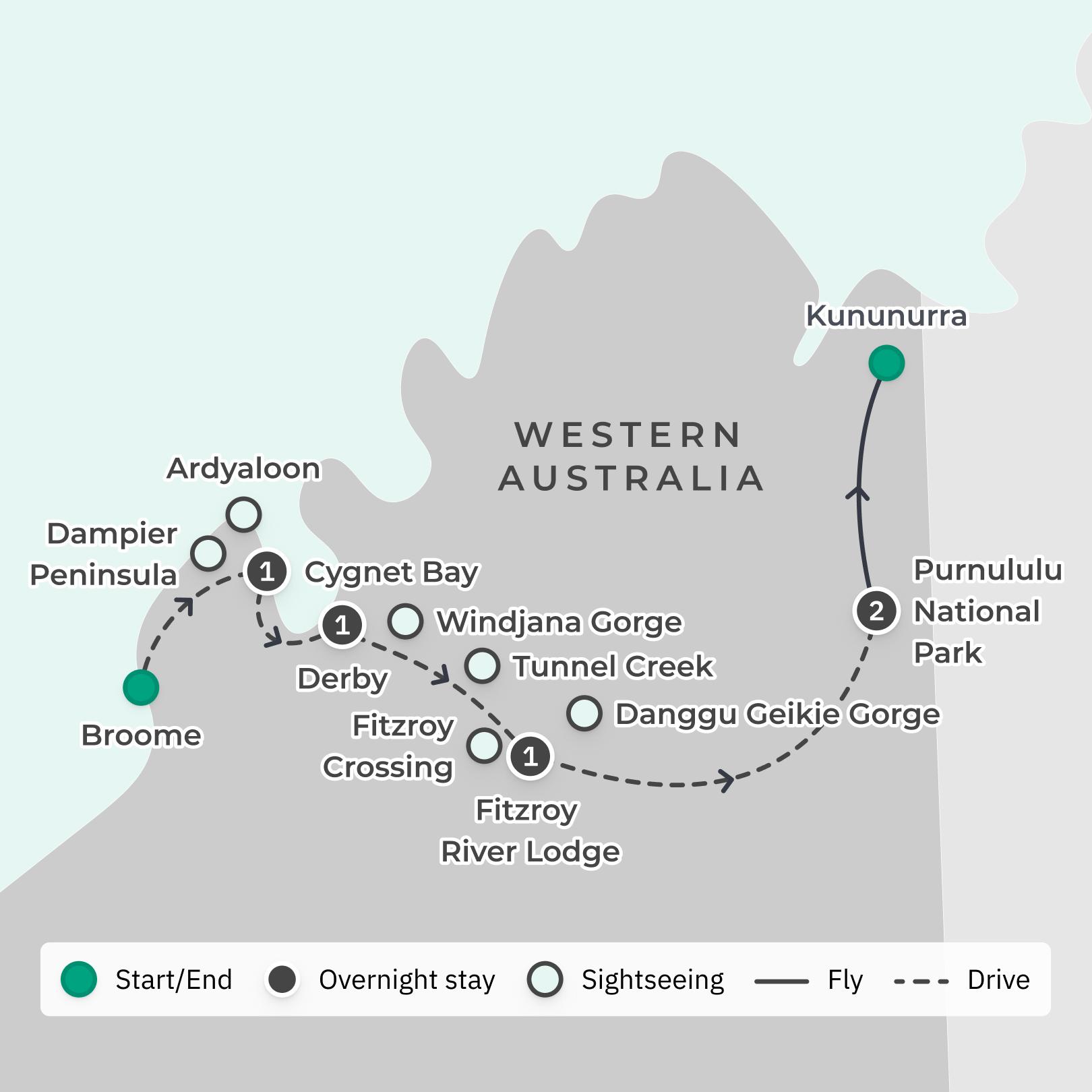 Kimberley Highlights with Kununurra Flight & Buccaneer Archipelago Sunset Cruise route map