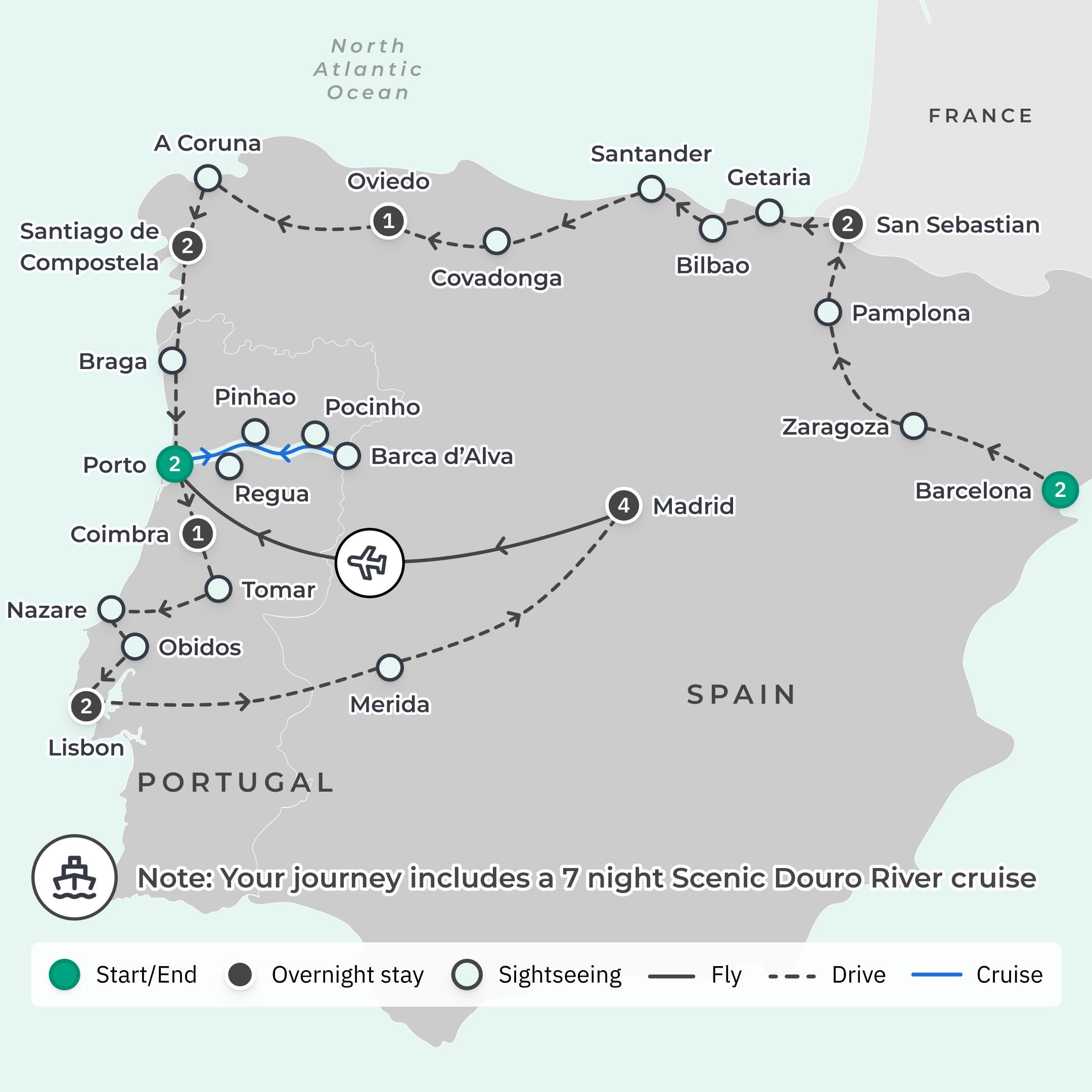 Limited Time Offer: SCENIC Azure 7-Night Douro River Cruise + Deluxe 15-Day Best of Northern Spain & Portugal route map
