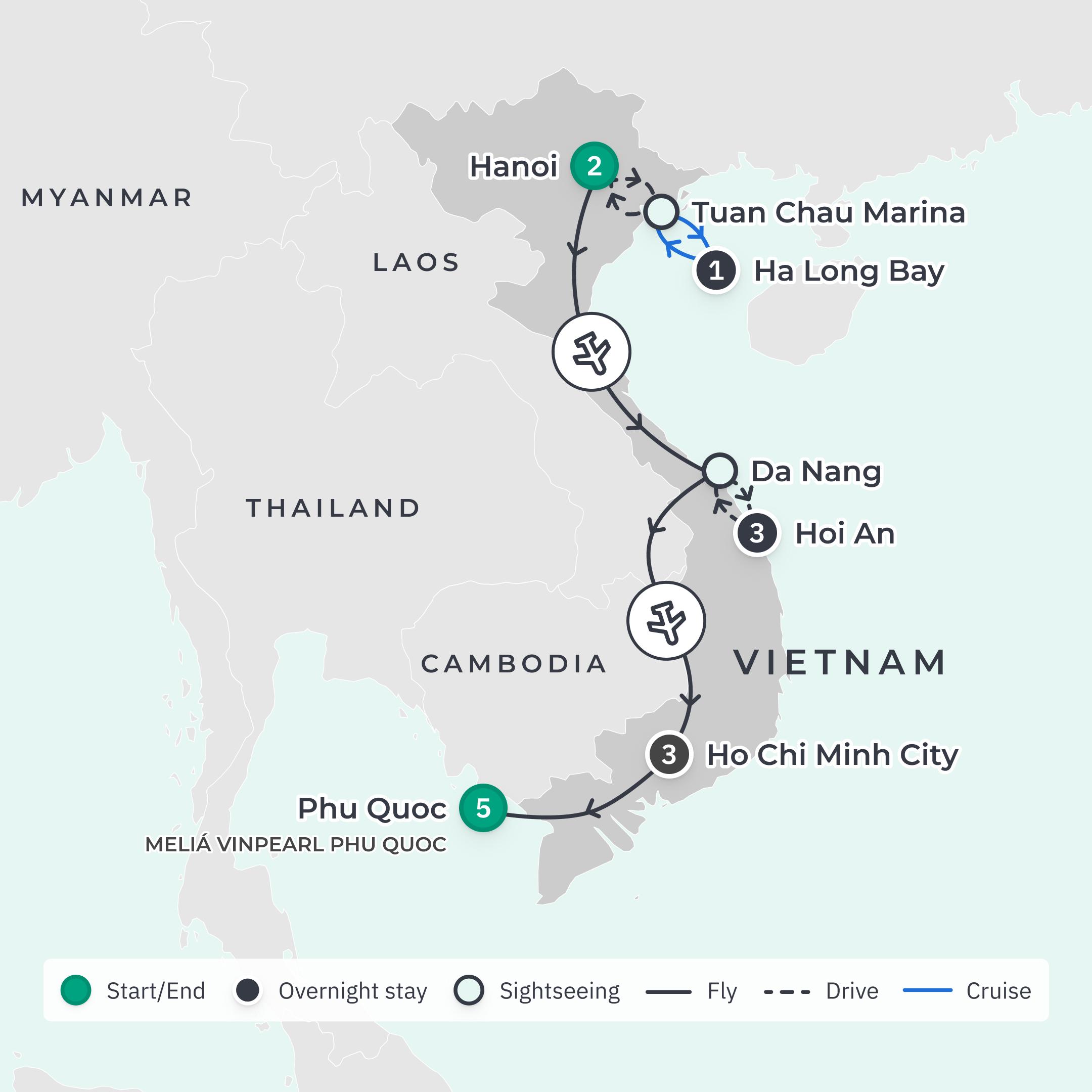 Limited Time Offer: 10-Day Vietnam Highlights with BONUS 5-Night All-Inclusive Melia Stay route map