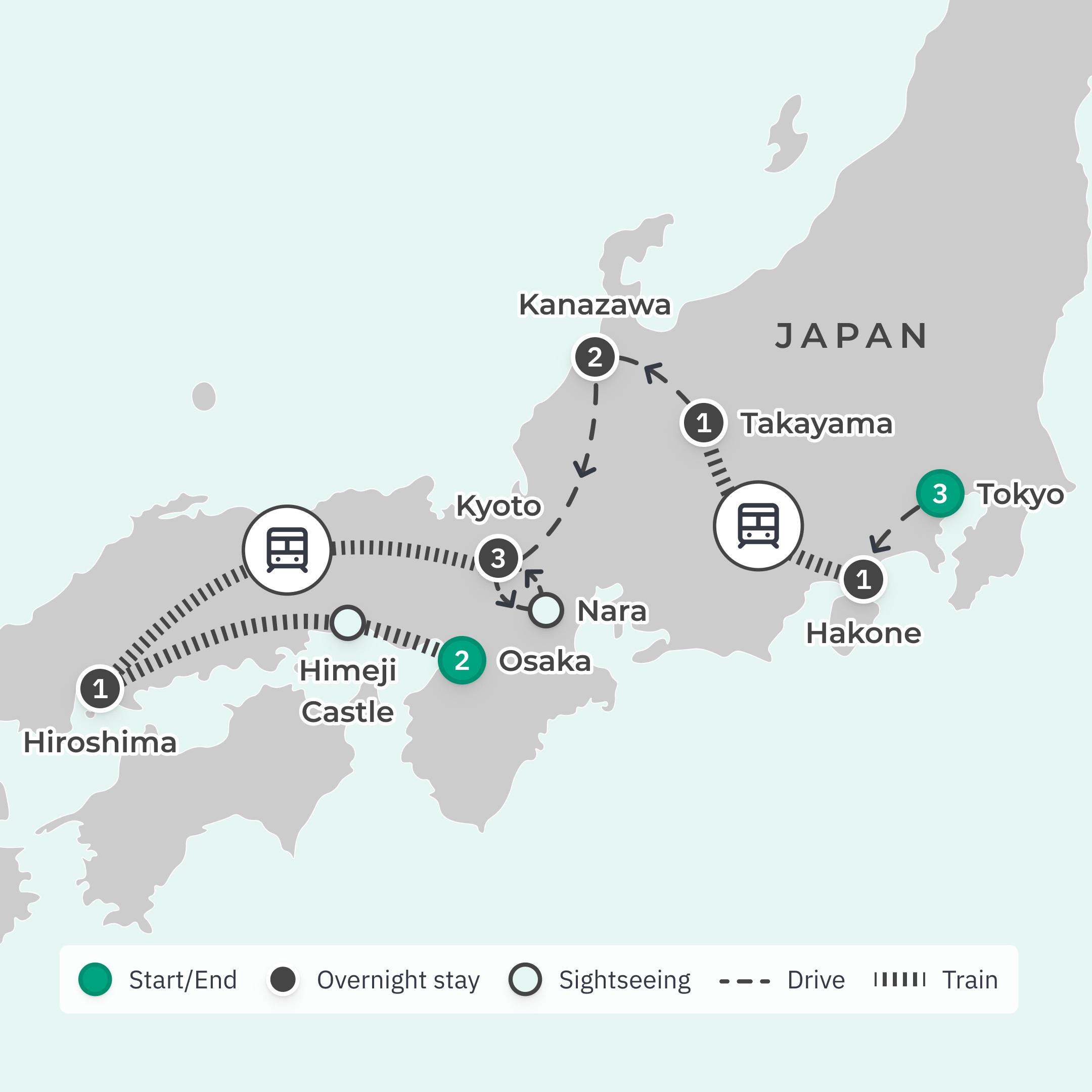 Deluxe 14-Day Best of Japan with Tokyo, Hiroshima & Osaka  route map