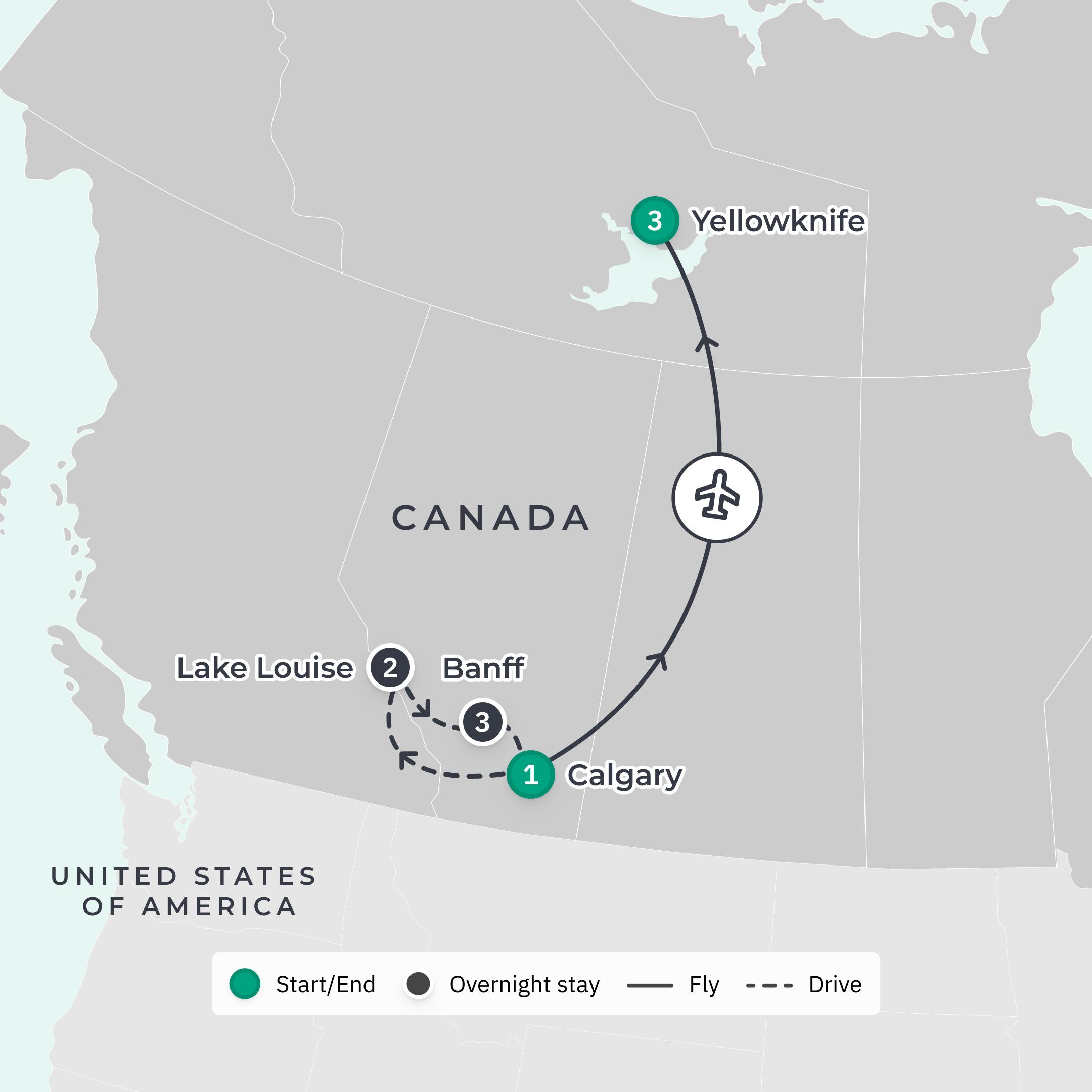 Deluxe 10-Day Canada Winter Adventure with Fairmont Lake Louise Stay & Northern Lights Viewing route map