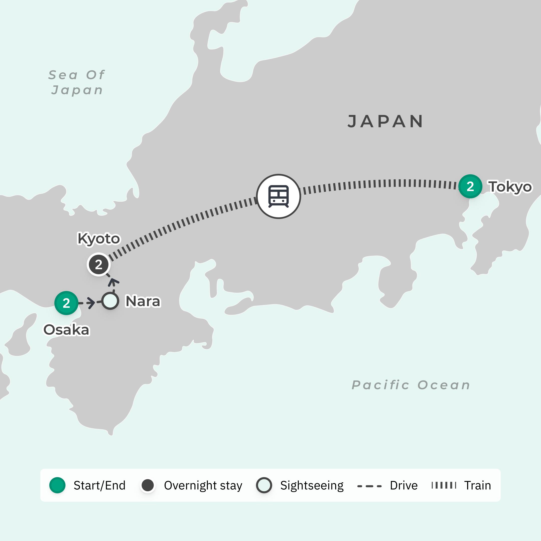 Deluxe 7-Day Japan Highlights 2026 with Tokyo, Kyoto & Osaka route map