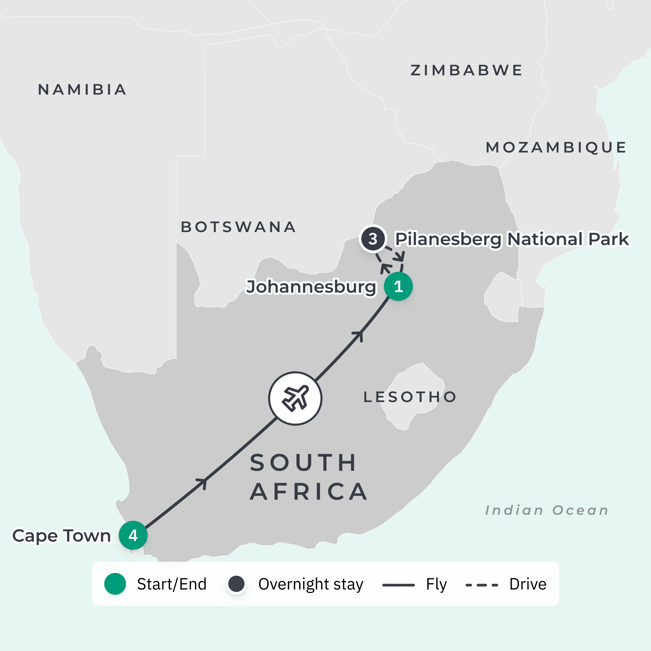 Deluxe 9-Day South Africa Highlights with Cape Town, Johannesburg & Pilanesberg National Park route map