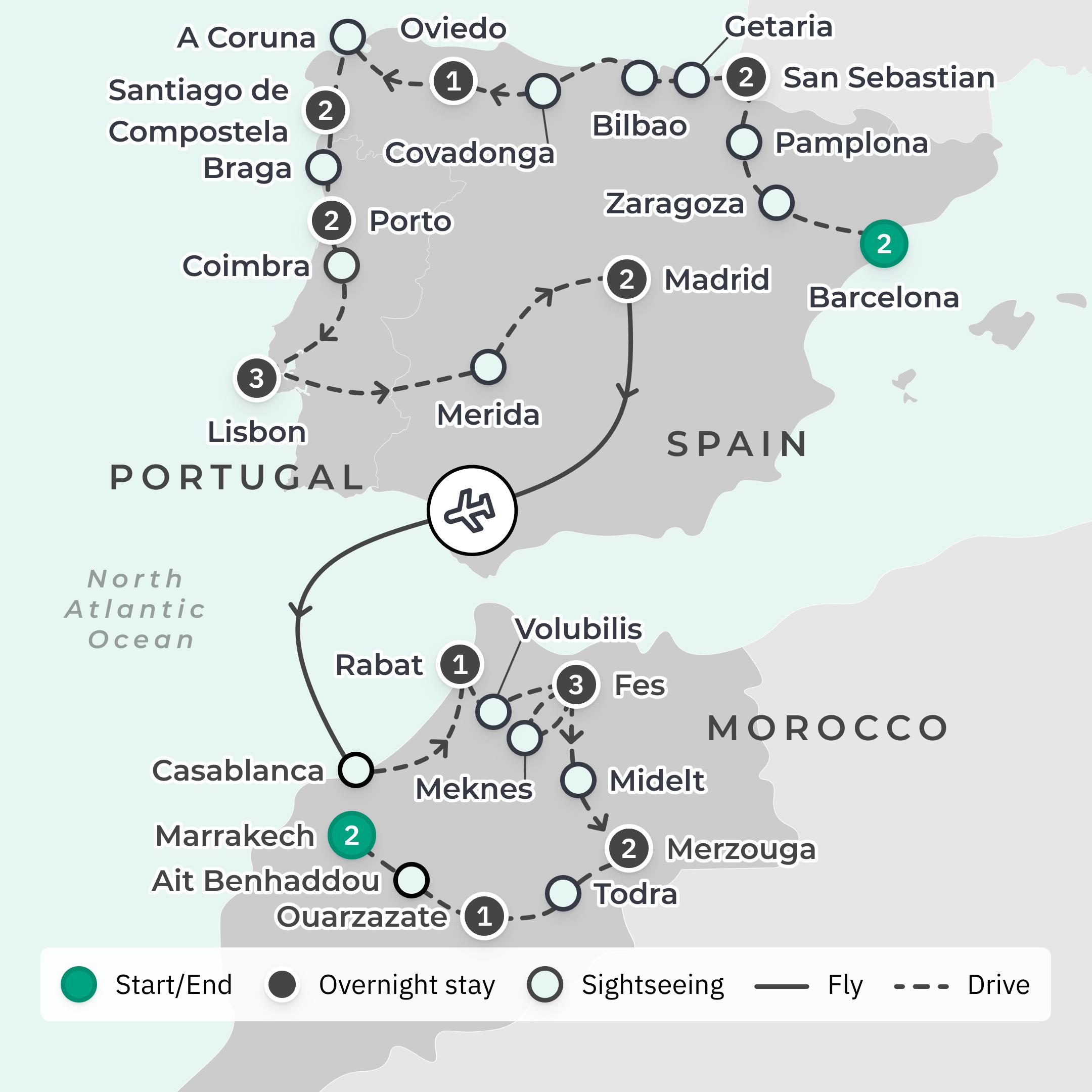 Deluxe 24-Day Northern Spain, Portugal & Morocco 2027 Discovery with San Sebastian, Lisbon & Fes route map