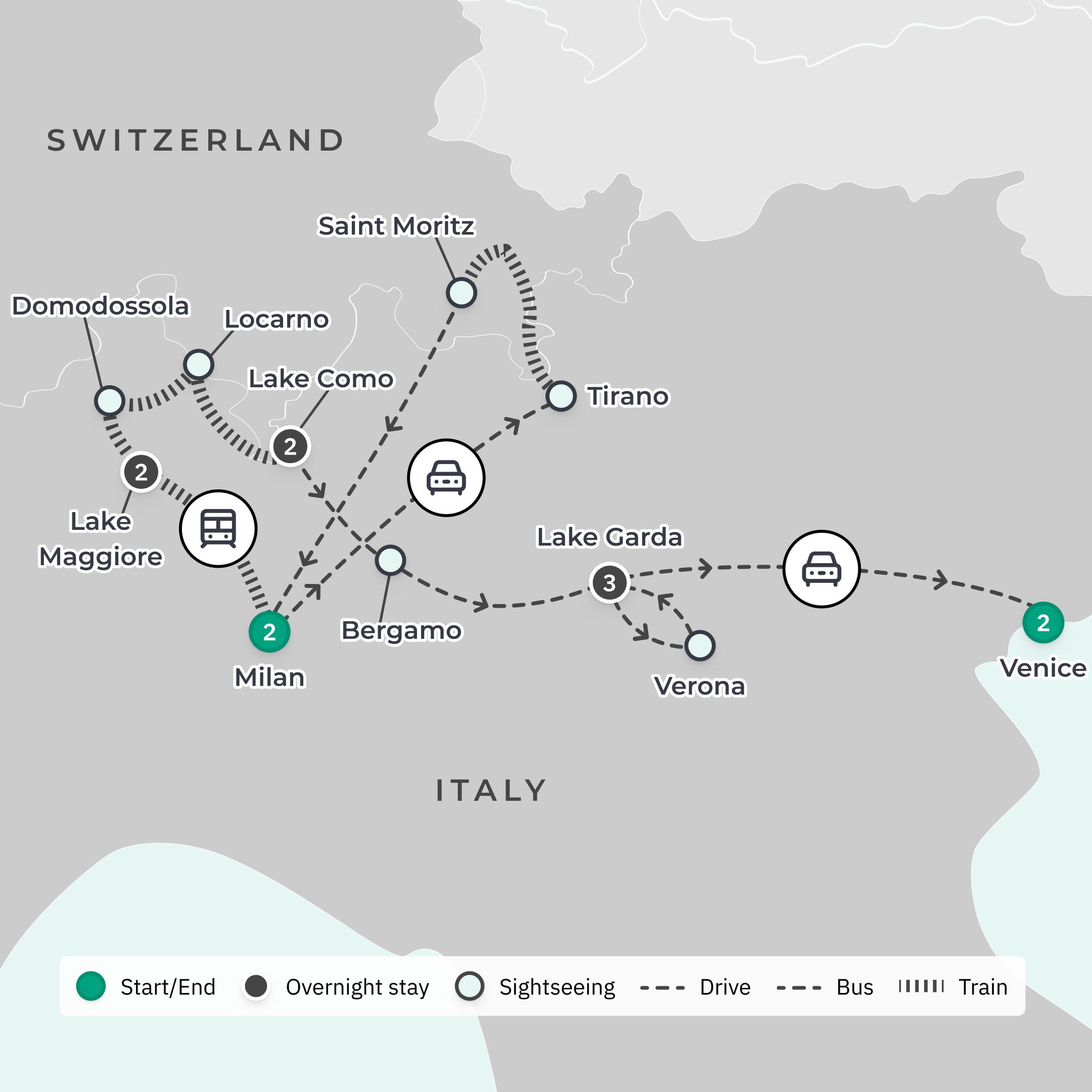  Deluxe 12-Day Northern Italian Lakes 2027 with Swiss Rail, Lake Como & Venice route map