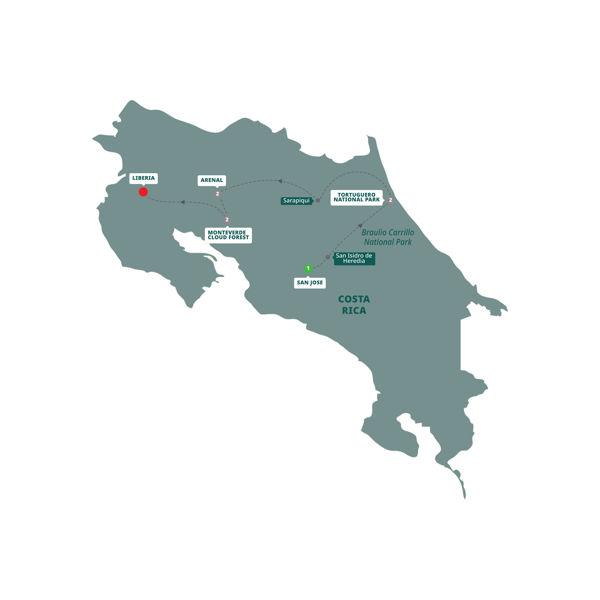 Costa Rica Nature Adventure End Liberia route map