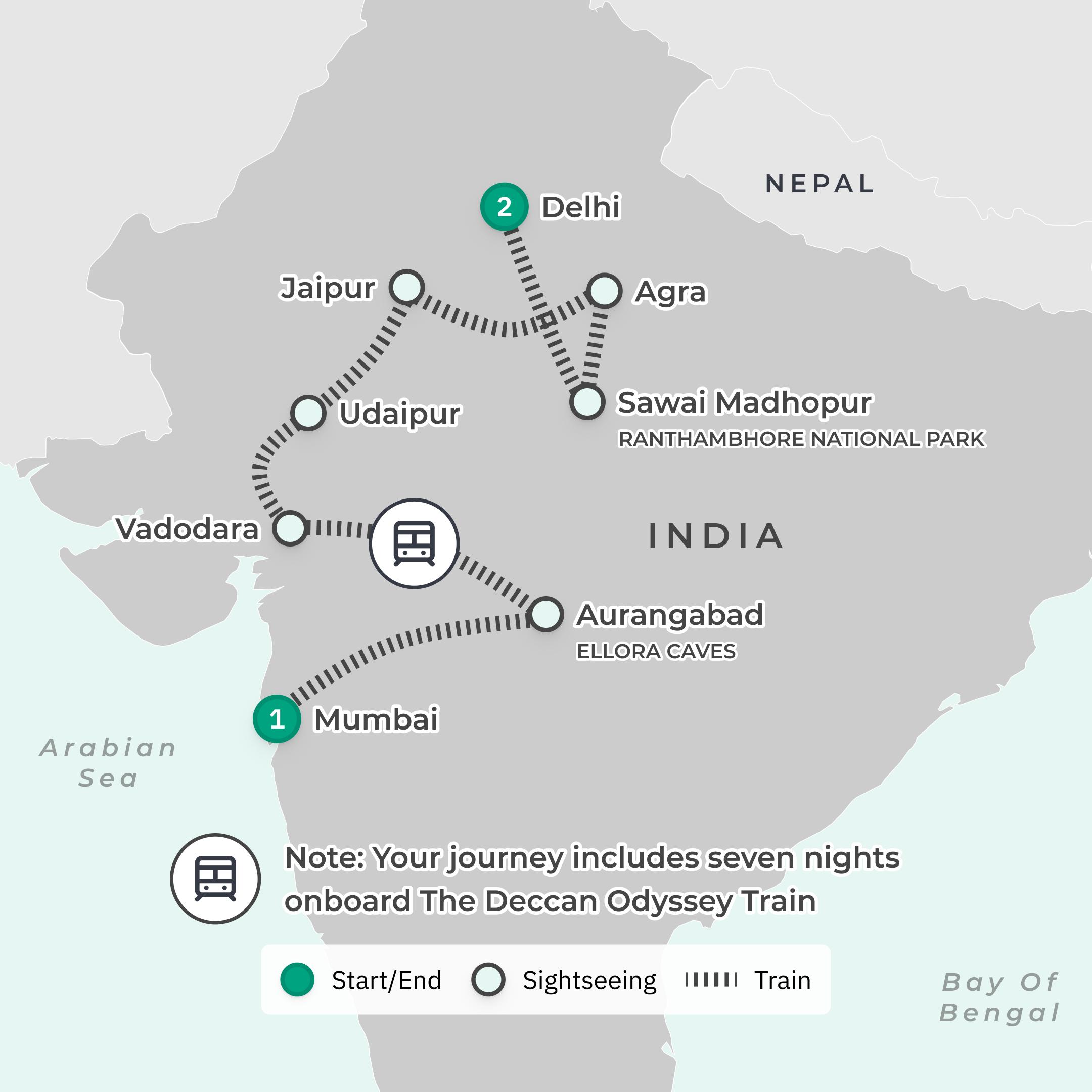 Delhi to Mumbai: Premium 11-Day India Iconic Deccan Odyssey Luxury Rail Journey route map