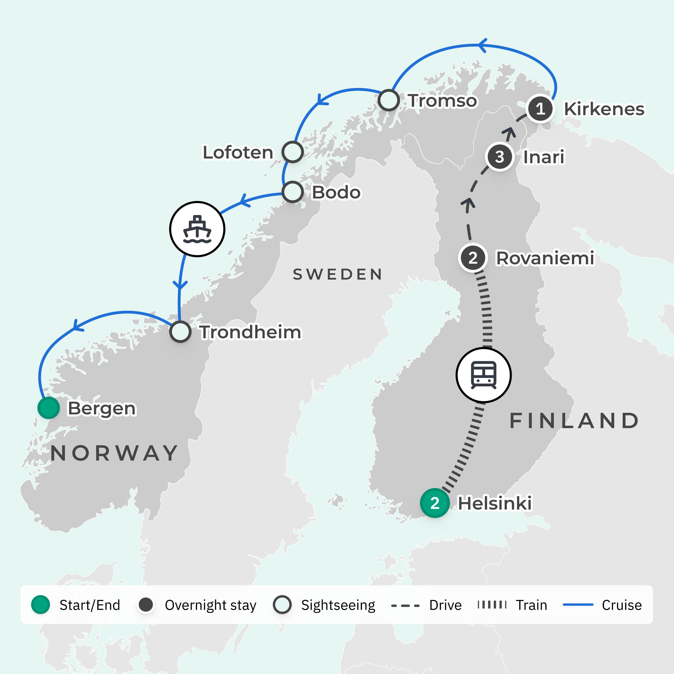 Deluxe 14-Day Finland & Norway Northern Lights Winter Adventure with Havila Voyages Coastal Fjord Cruise route map