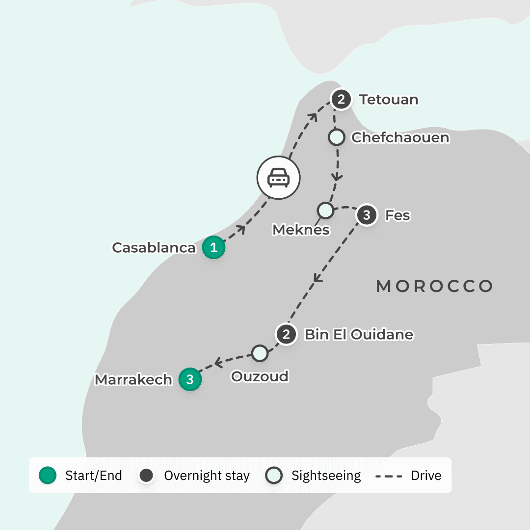 Premium 12-Day Flavours of Morocco Tour 2026 with Tetouan, Fes & Chefchaouen route map