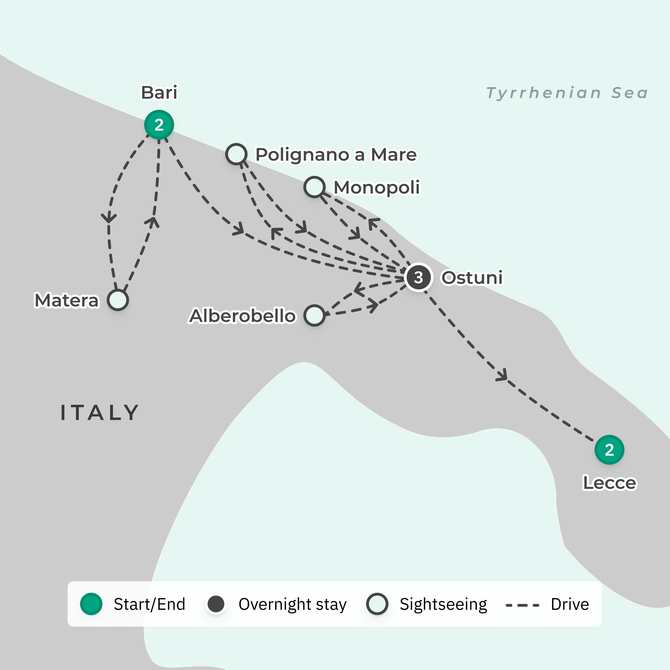 Deluxe 8-Day Taste of Puglia Regional Discovery with Bari, Ostuni & Lecce route map