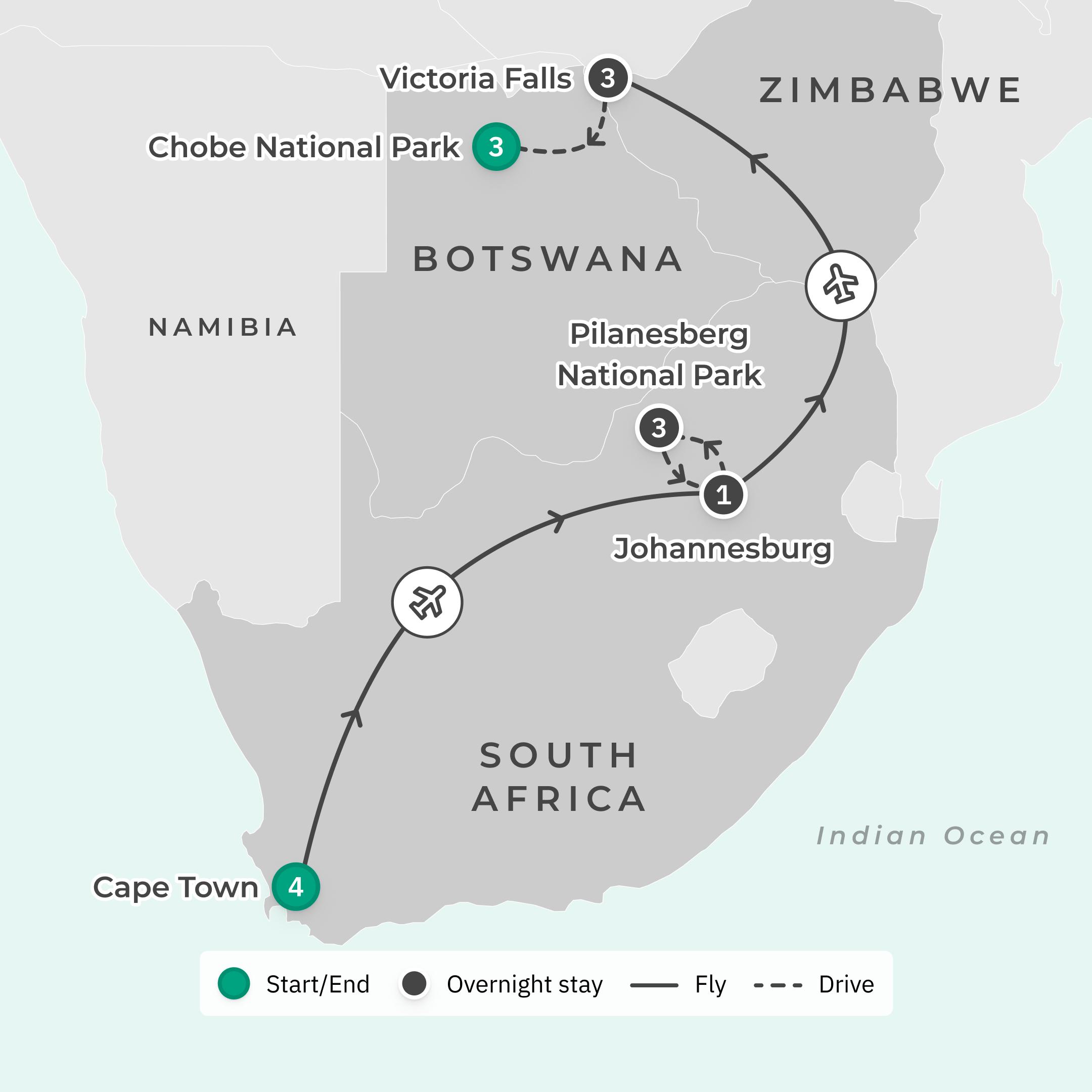 Limited Time Offer: Private 15-Day South Africa, Zimbabwe & Botswana 2027 Tour with BONUS Victoria Falls Helicopter Flight route map