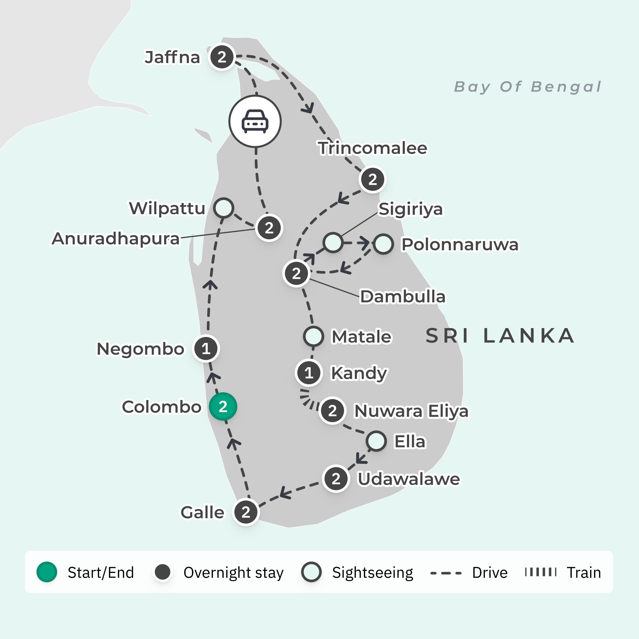 Deluxe 18-Day Ultimate Sri Lanka North to South Discovery with Udawalawe, Kandy & Five-Star Galle Stay  route map