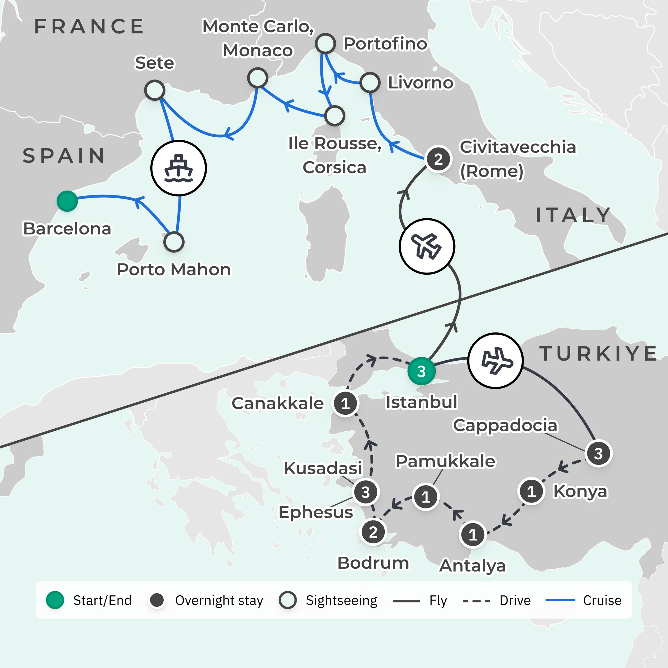 Limited Time Offer: Premium 16-Day Best of Turkiye Tour + 9-Night Ultra Lux Crystal Serenity Mediterranean Cruise  route map