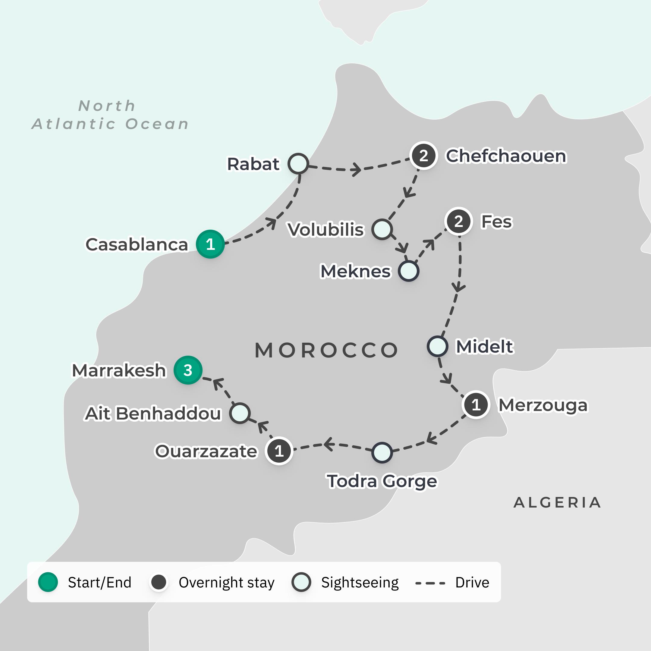 Premium 11-Day Morocco Highlights 2026 with Relais & Châteaux Riad Stay, Chefchaouen & Sahara Desert route map