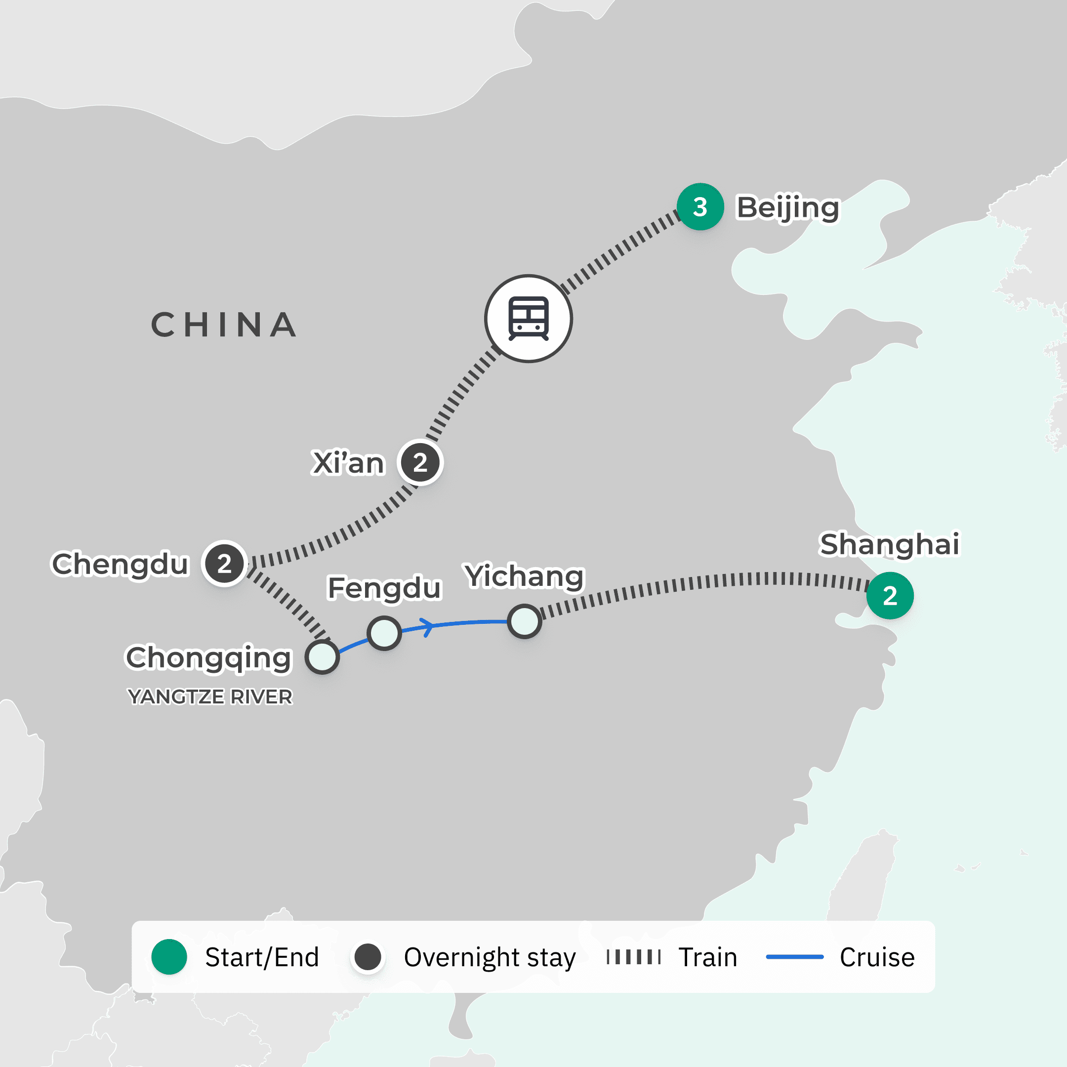 Premium 12-Day China Highlights 2026 with Great Wall of China, Bullet Train Journeys & Shangri-La Luxury Stays route map