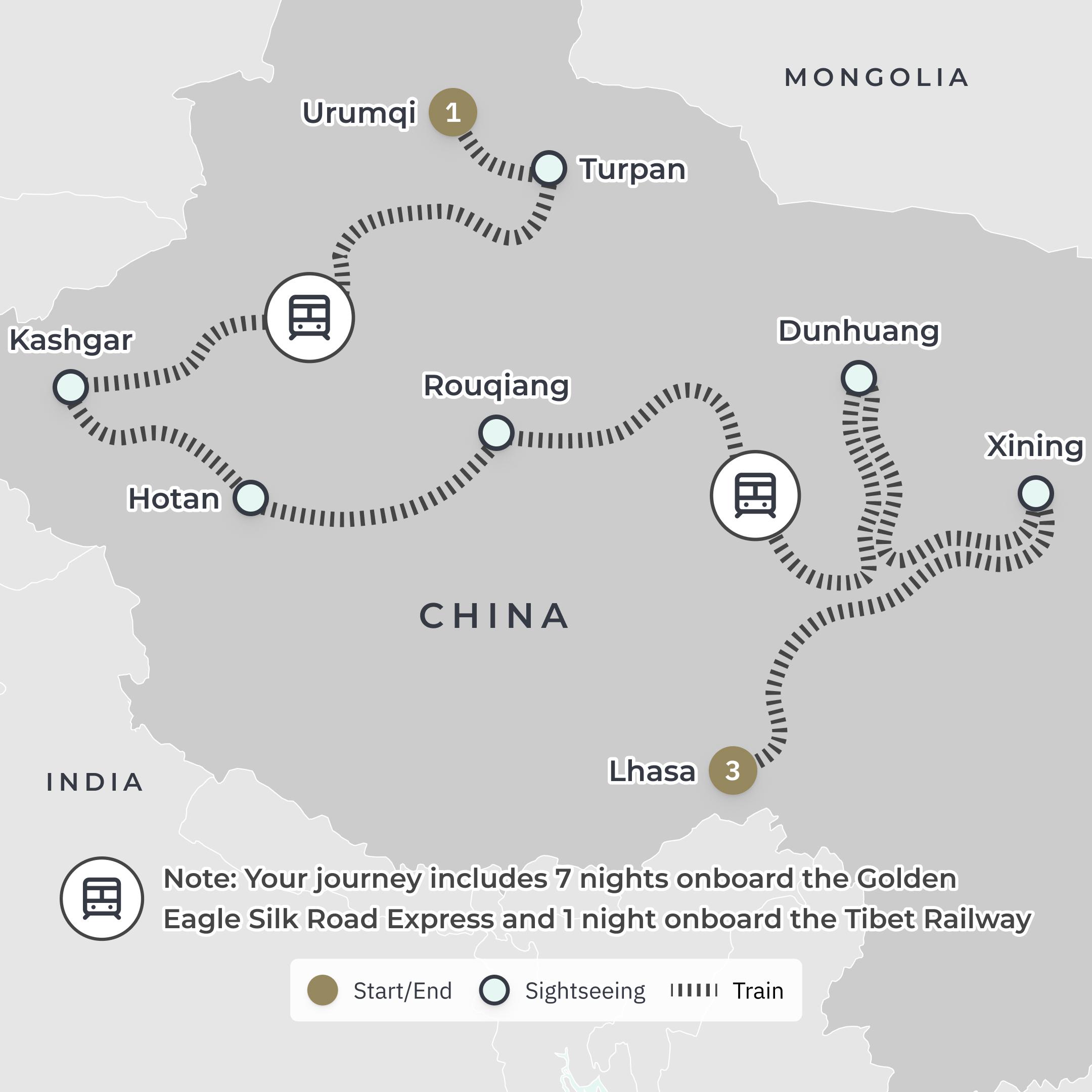 Silk Road 2026: China to Tibet Ultra-Lux Golden Eagle Rail Journey with All-Inclusive Onboard Dining & Lhasa Tour route map
