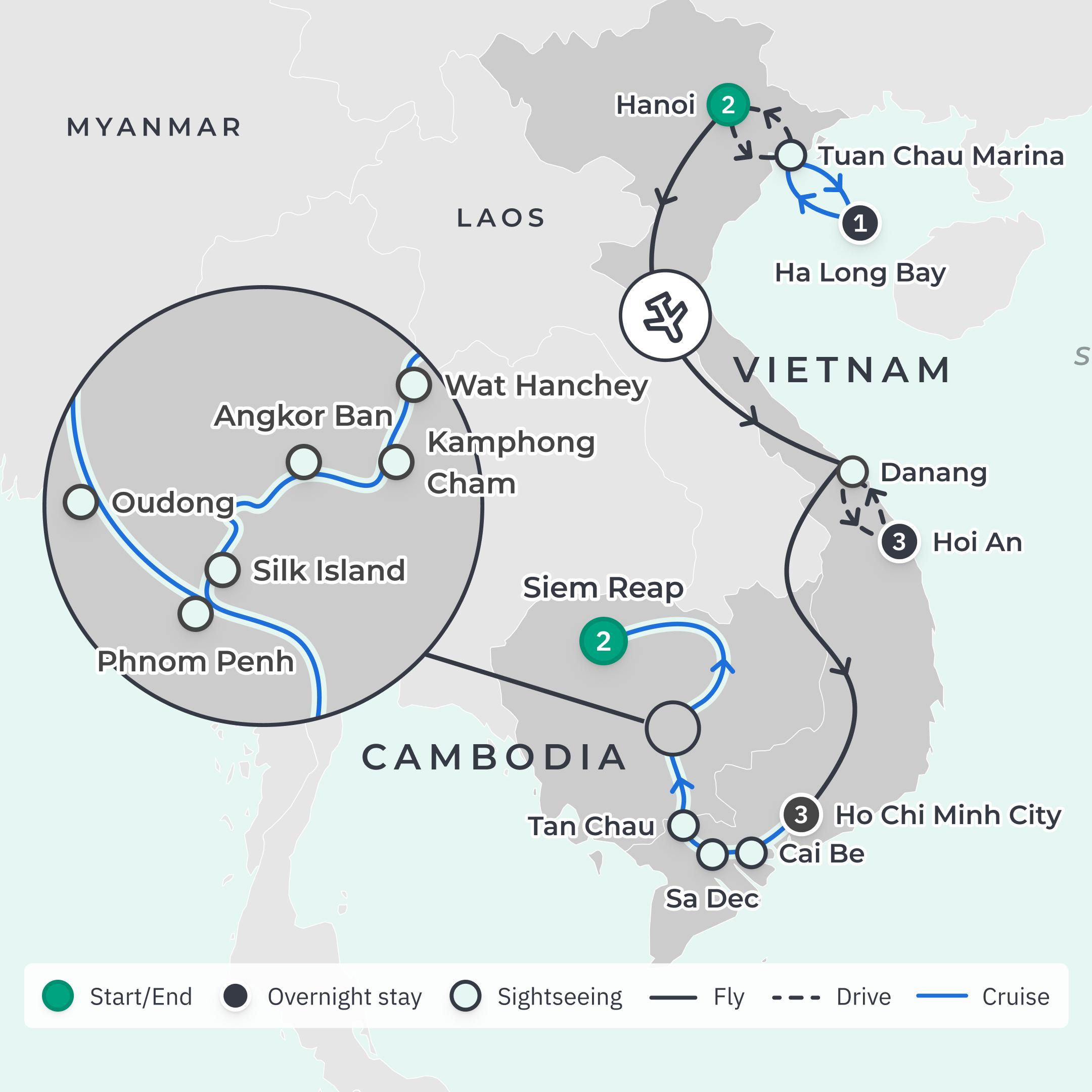 Limited Time Offer: 10-Day Vietnam Highlights 2027 + 9-Night Scenic Mekong River Cruise route map