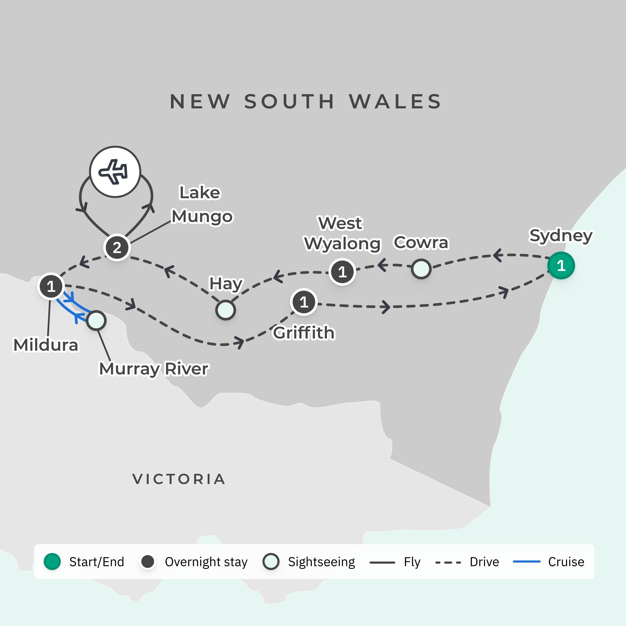 Australian Outback Highlights with Scenic Lake Mungo Flight & Griffith Wine Tasting route map