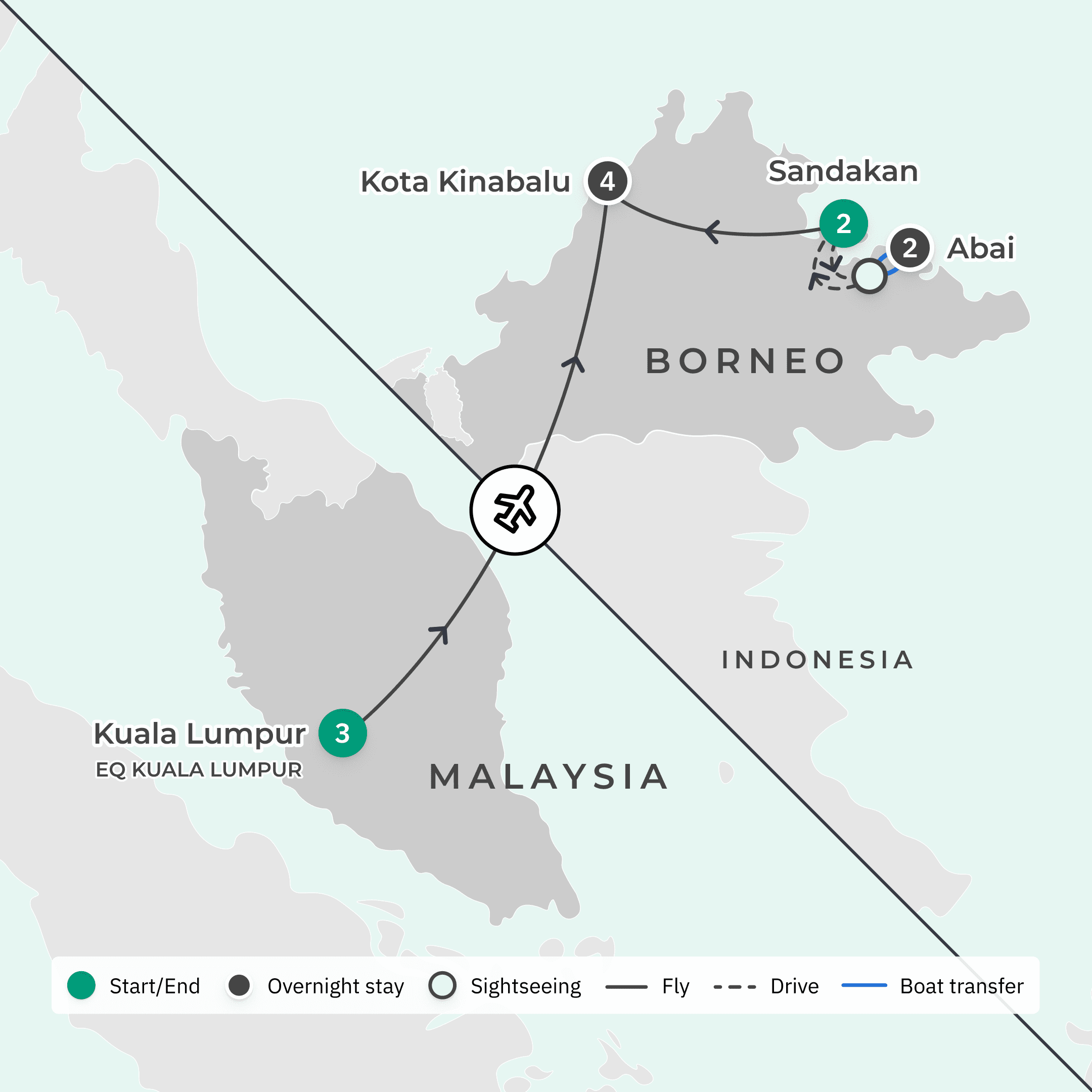Limited Time Offer: Deluxe 9-Day Borneo Wildlife Tour with 3-Night EQ Kuala Lumpur Stay route map