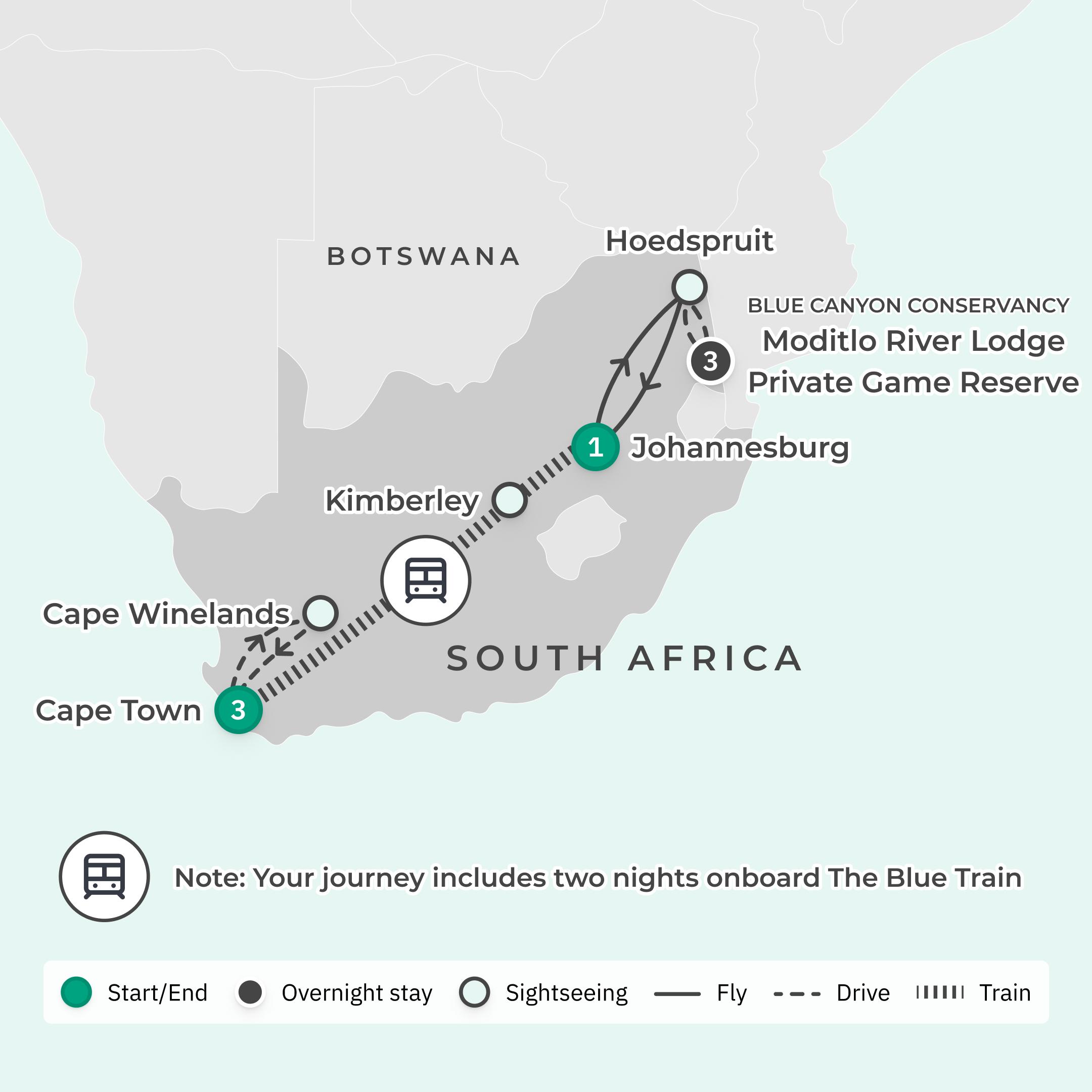 Premium 10-Day South Africa Iconic Blue Train Journey with All-Inclusive Safari route map