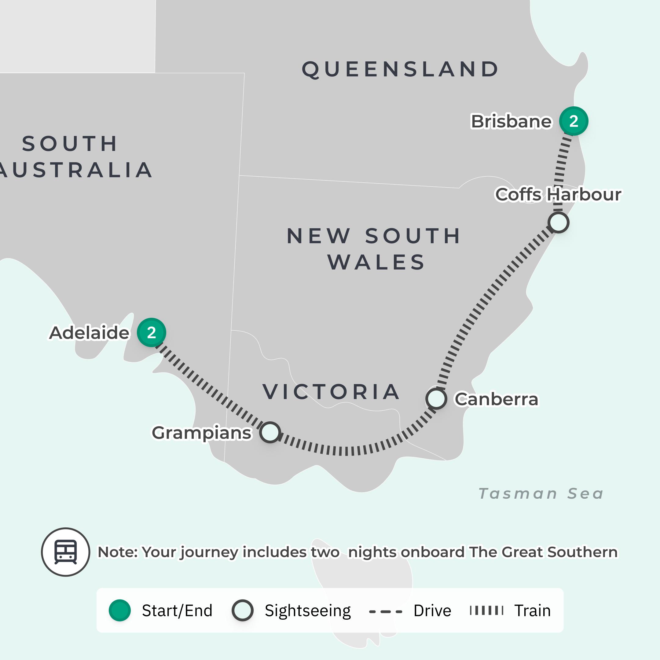 Limited Time Offer: 3-Day Great Southern Rail Journey from Adelaide to Brisbane with BONUS Cabin Upgrade + Penfolds Magill Estate Tour route map