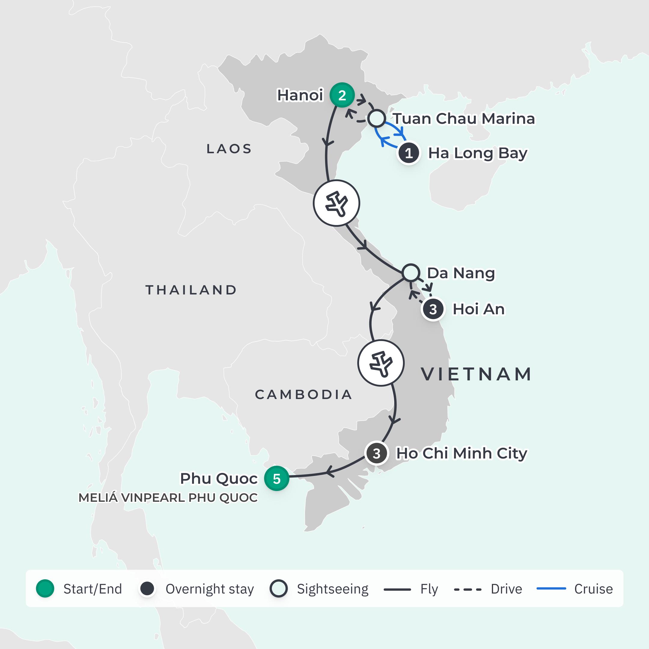 Limited Time Offer: 10-Day Vietnam Highlights with Ha Long Bay & Hoi An + 5-Night All-Inclusive Meliá Vinpearl Phu Quoc Stay route map