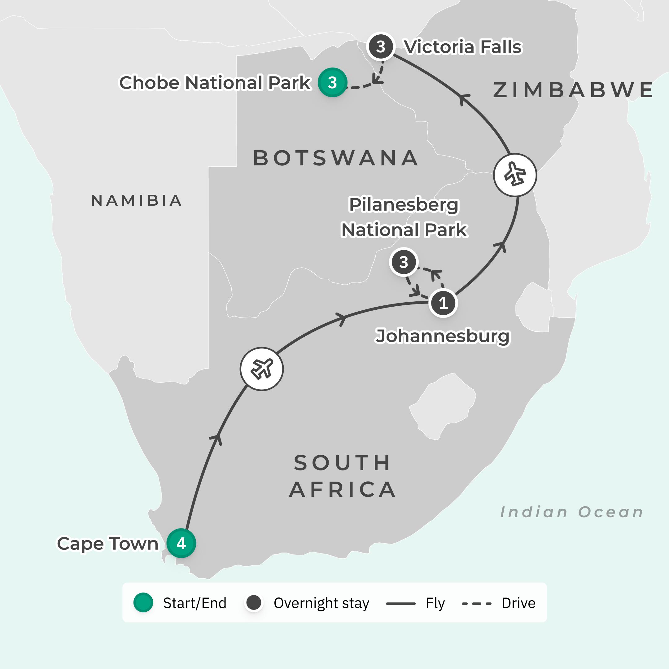 Limited Time Offer: Private 15-Day South Africa, Zimbabwe & Botswana Tour with BONUS Victoria Falls Helicopter Flight route map