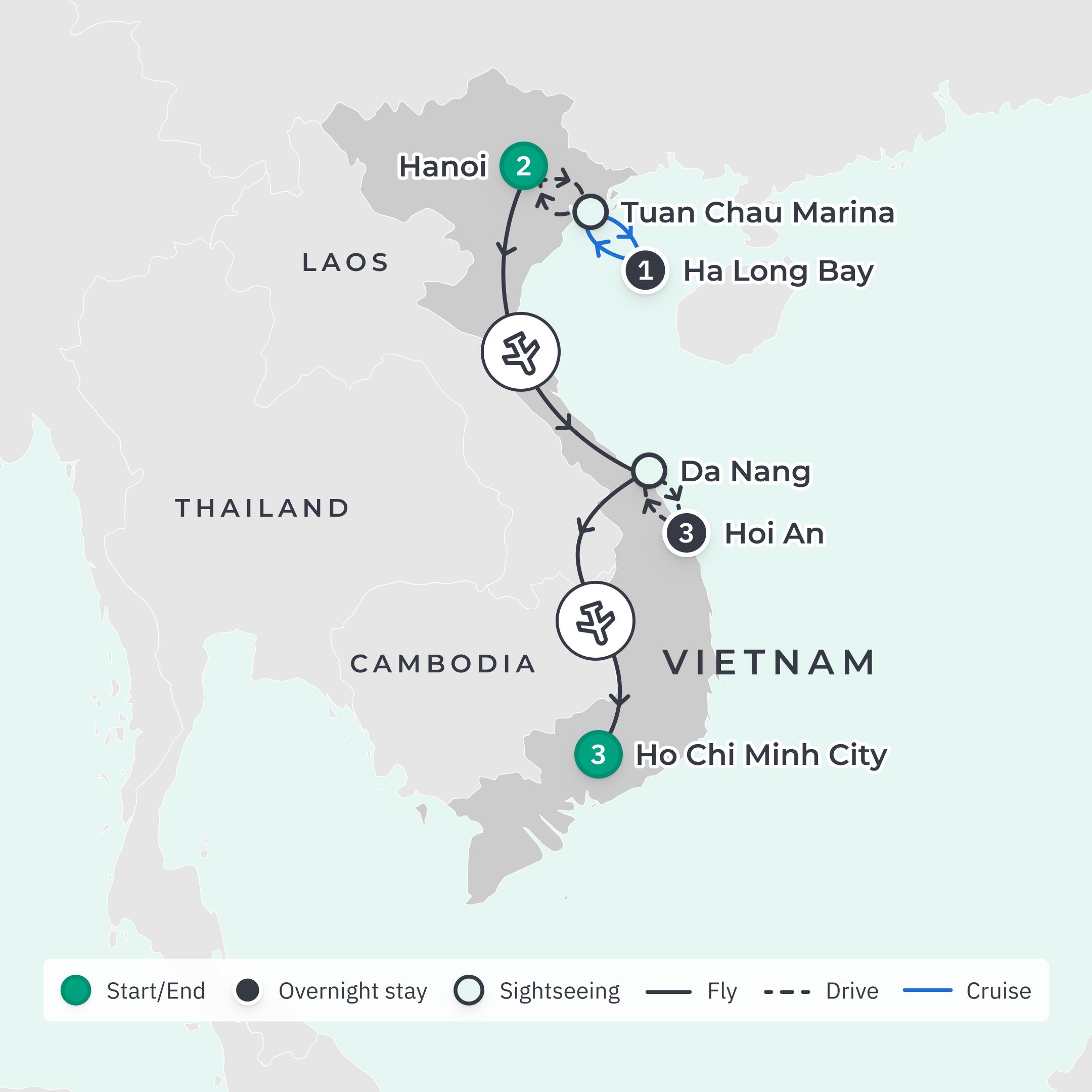 Limited Time Offer: Private 10-Day Deluxe Vietnam Highlights with Capella Ha Long Bay Cruise route map