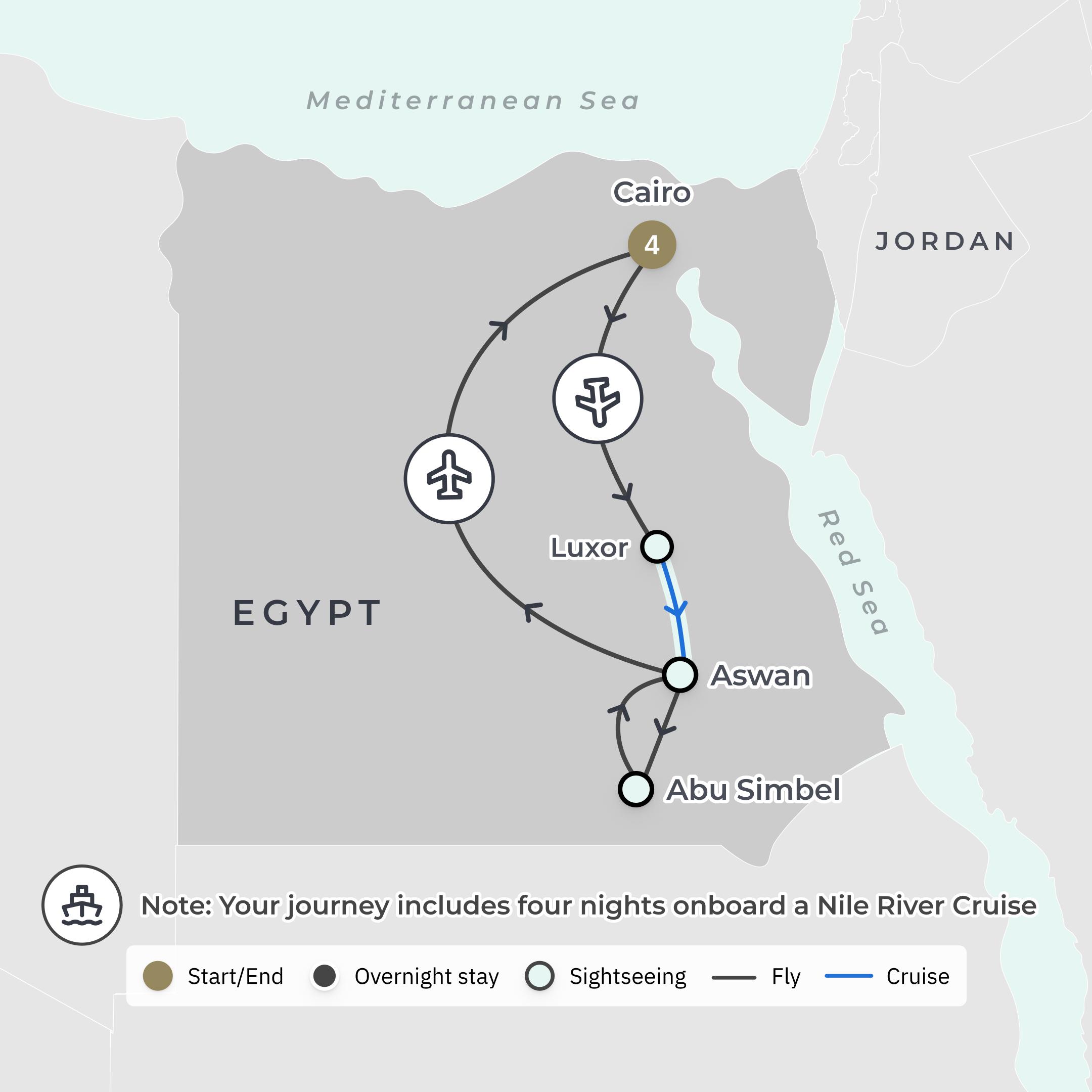 Ultra Lux 9-Day Egypt Private Tour with Nile Cruise, Abu Simbel + Four Seasons & Marriott Stays route map