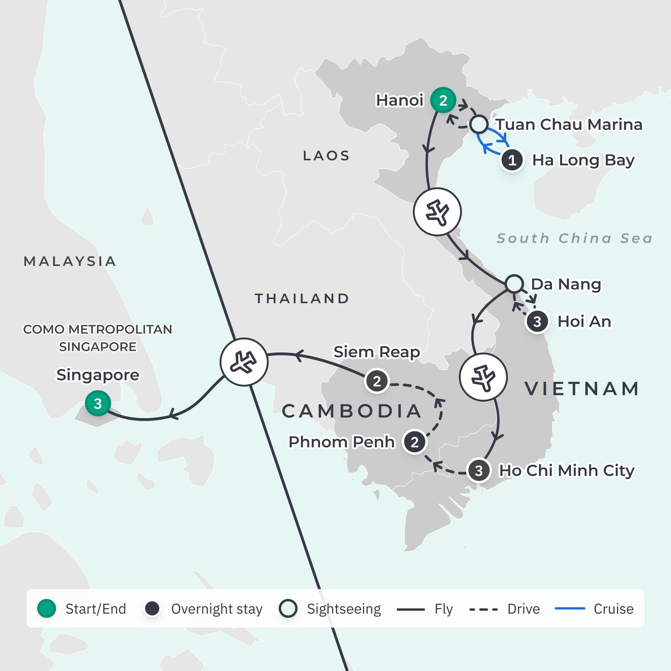 Limited Time Offer: 14-Day Vietnam & Cambodia Discovery + 3-Night COMO Metropolitan Singapore Stay     route map
