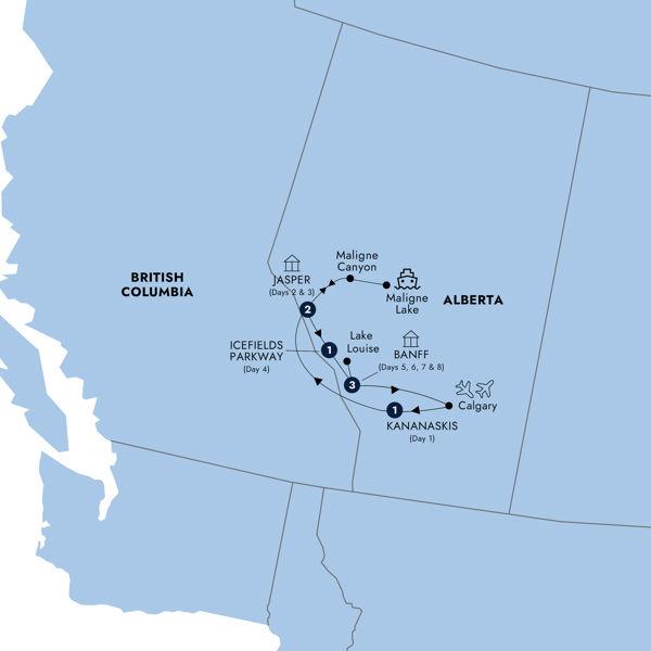 Spectacular Rockies and Glaciers of Alberta - Classic Group route map