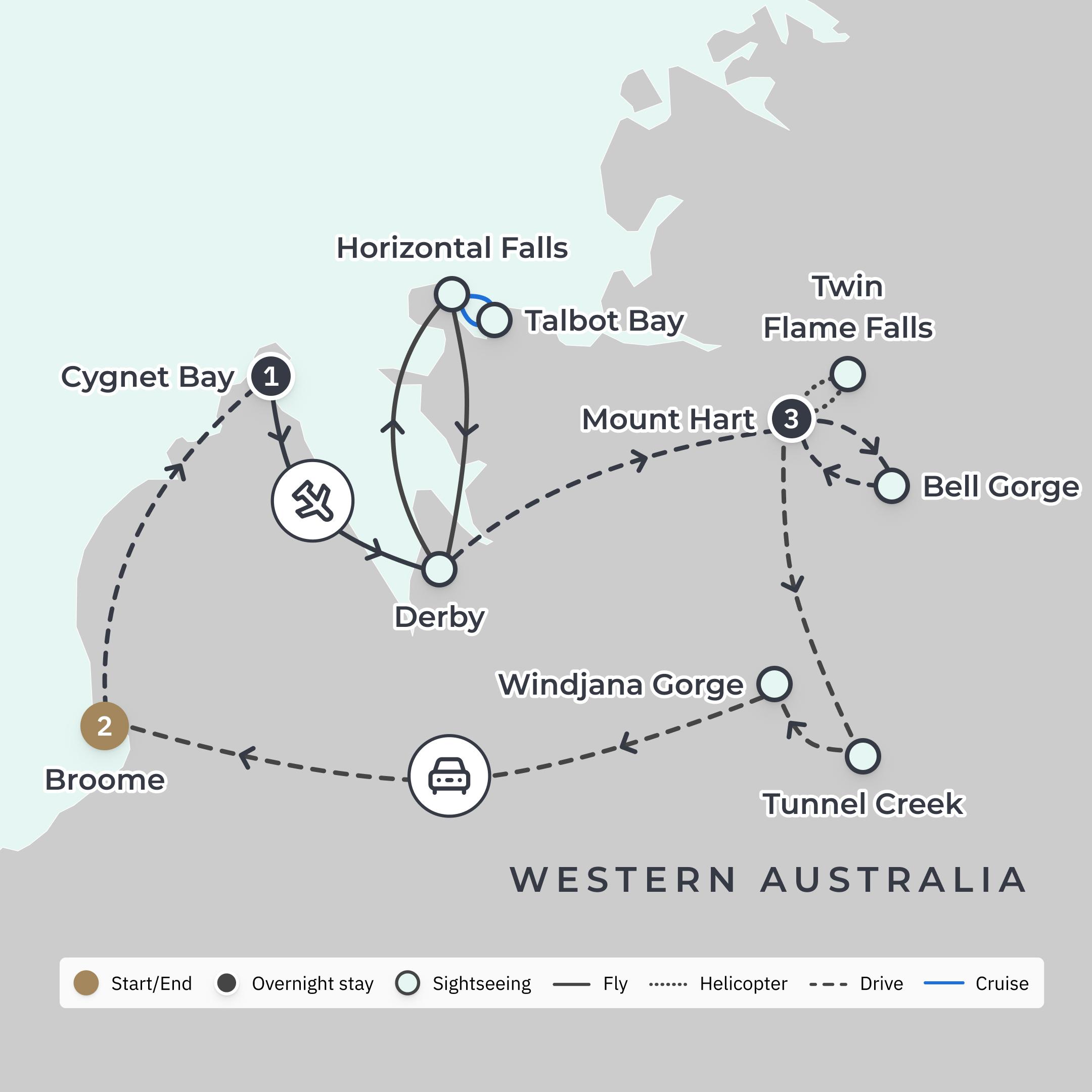 Ultra Lux 7-Day Kimberley Tour with Horizontal Falls Flight & Pearl Farm Glamping route map