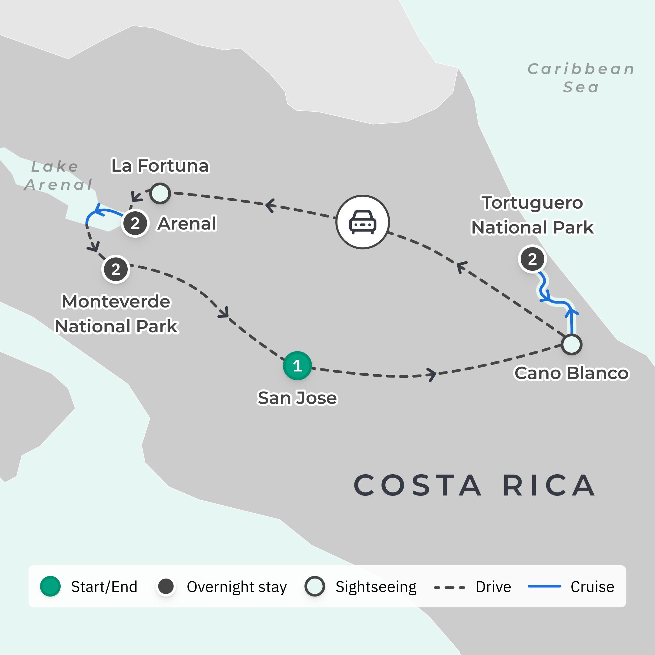Classic 8-Day Costa Rica Highlights with Tortuguero & Monteverde route map