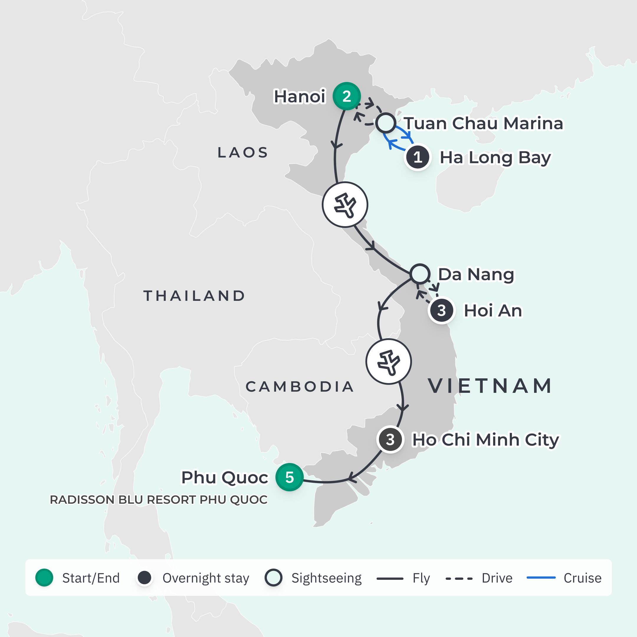 Limited Time Offer: Deluxe 10-Day Vietnam Highlights 2026 + 5-Night Radisson Blu Phu Quoc Stay route map