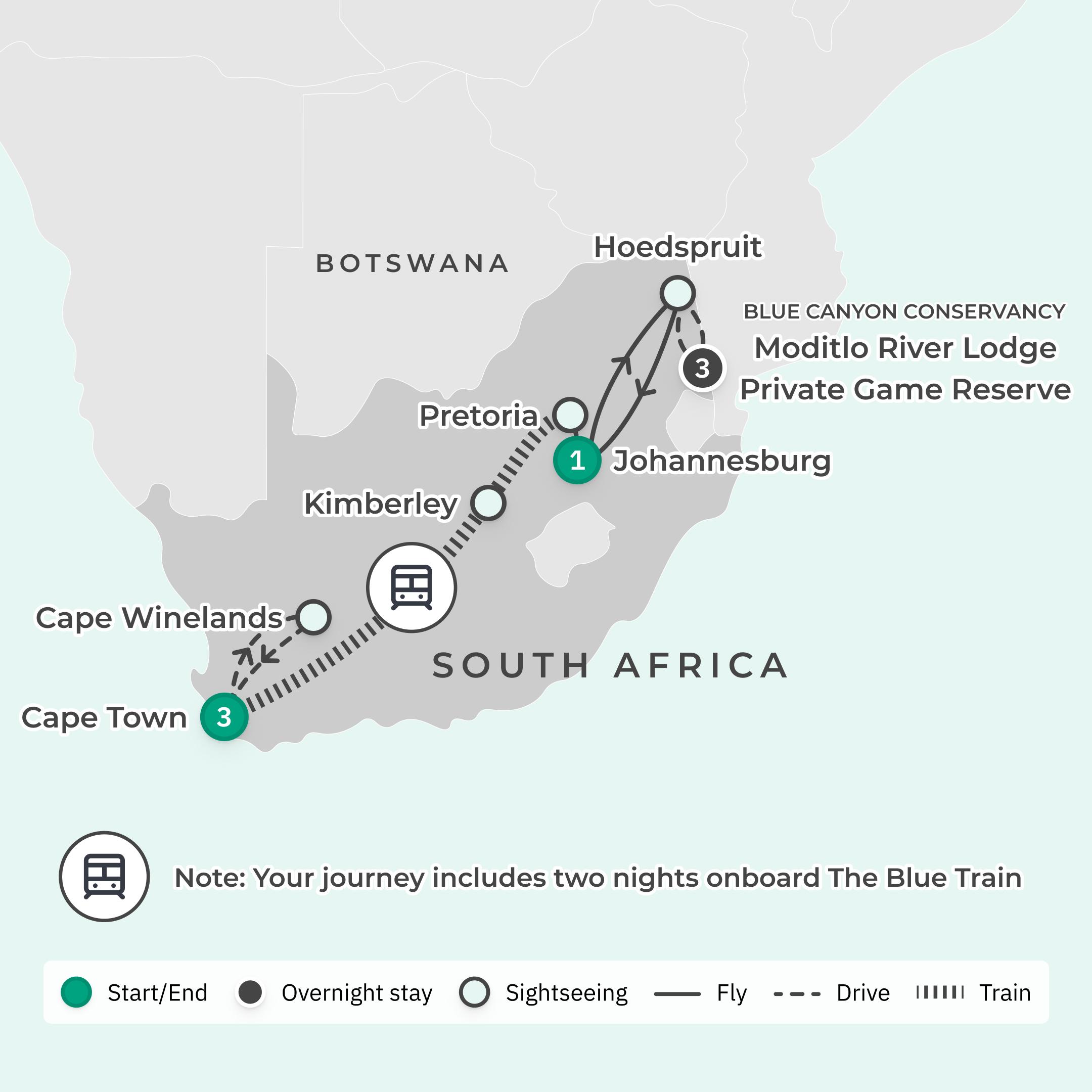 Premium 10-Day South Africa Iconic Blue Train Journey with All-Inclusive Safari route map