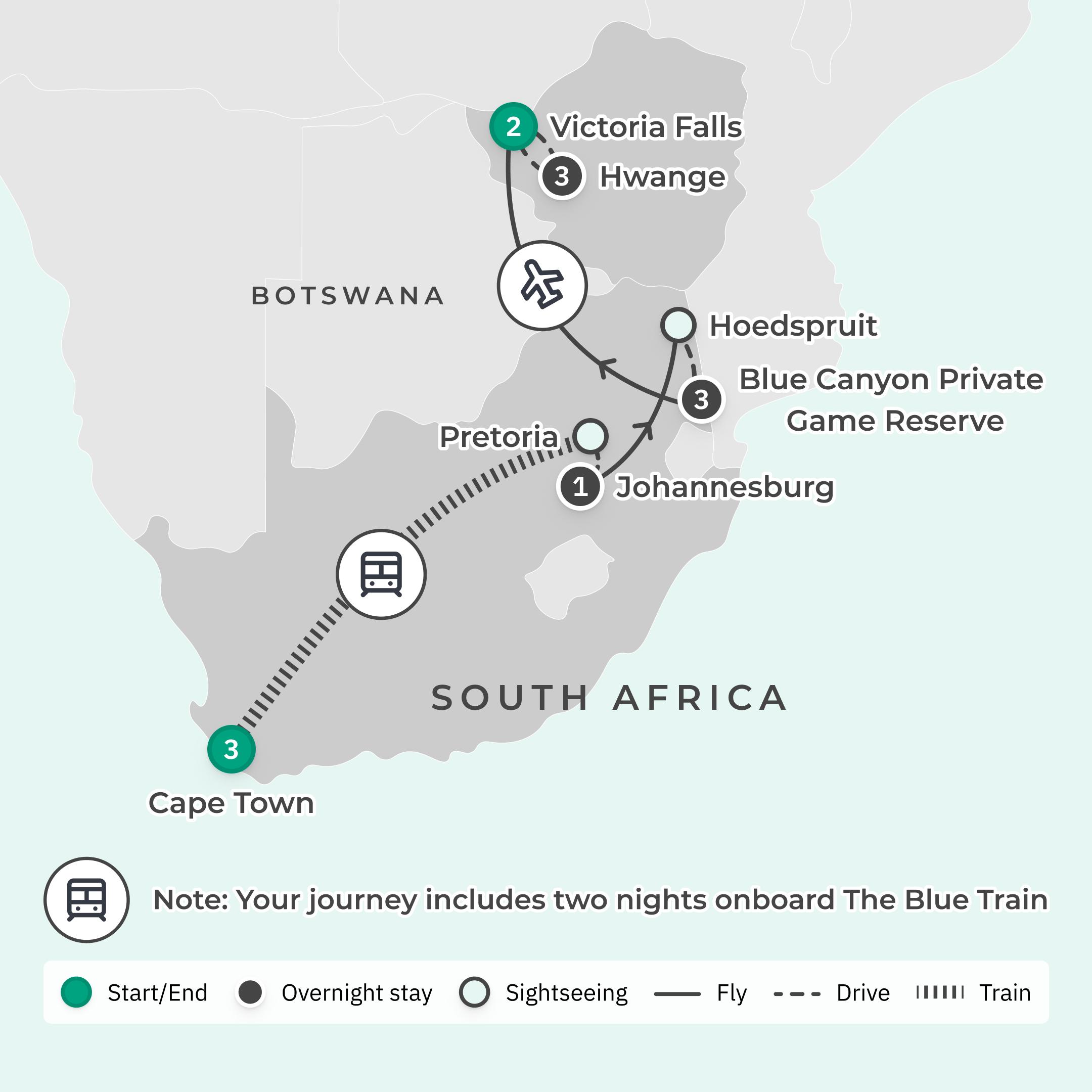 Limited Time Offer: Premium 12-Day Southern Africa Iconic Blue Train Journey + 3-Night All-Inclusive Hwange Safari Stay route map