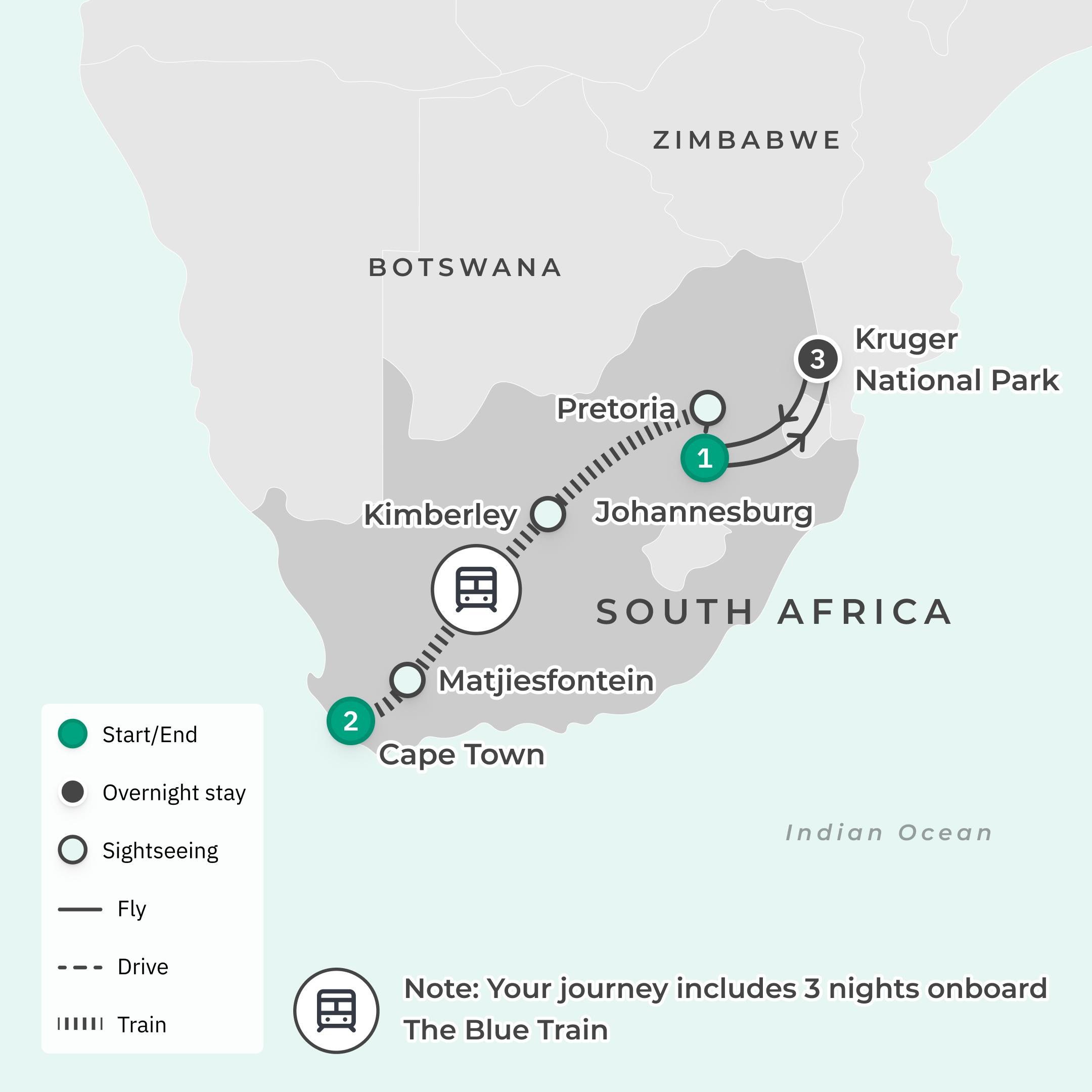 Ultra-Lux South Africa 10-Day Safari with Rovos Rail, The Twelve Apostles & Sabi Sabi Bush Lodge  route map